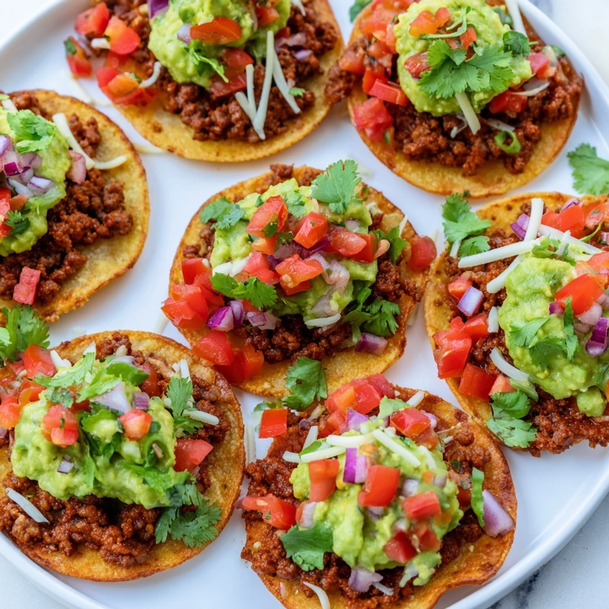 Warm mini tacos with savory beef, chunky guacamole, and bright salsa, served with cheese and lime.