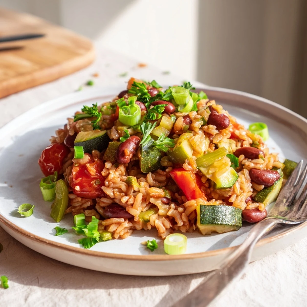 Steaming Vegetable Jambalaya with Kidney Beans, showcasing red beans and diced zucchini on a textured table.