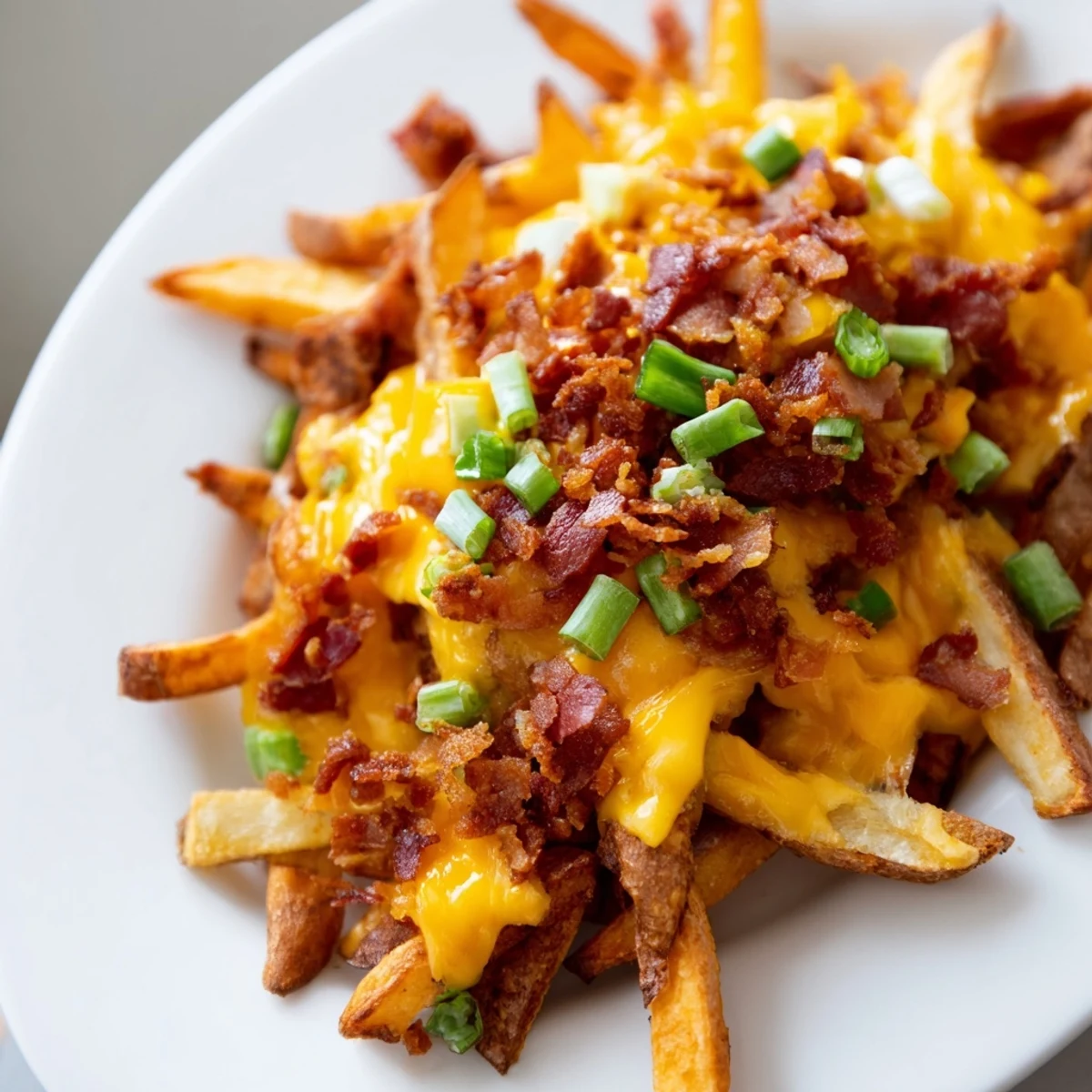 A close-up of golden, crispy Cheese Fries with Turkey Bacon Bits, covered in melted cheddar and fresh green onions.  