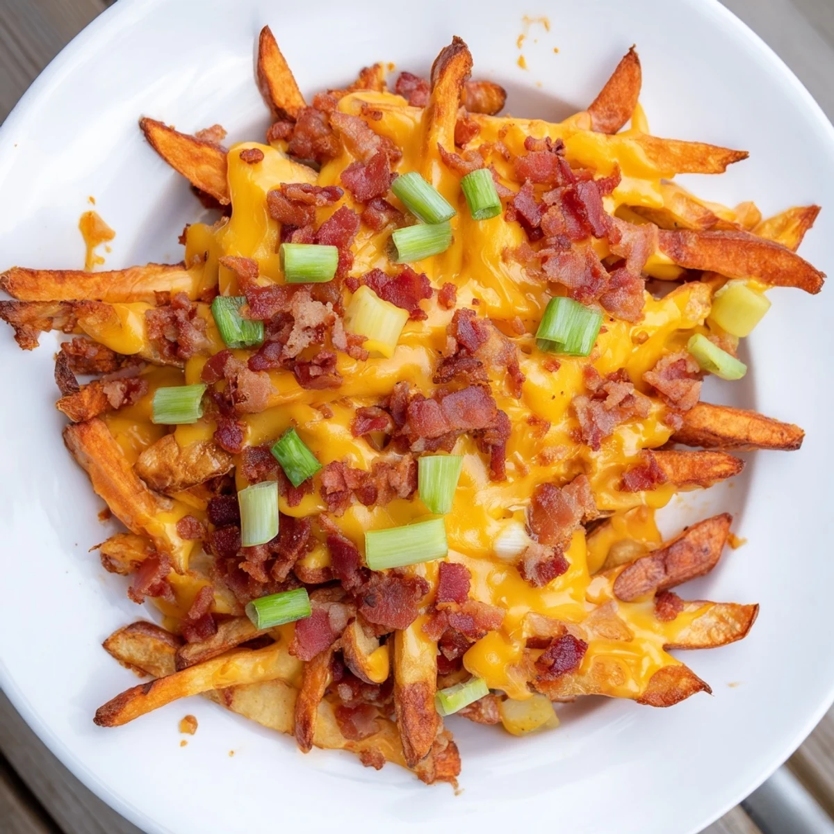 Freshly baked Cheese Fries with Turkey Bacon Bits served hot on a baking sheet, garnished with scallions and a side of sour cream.  