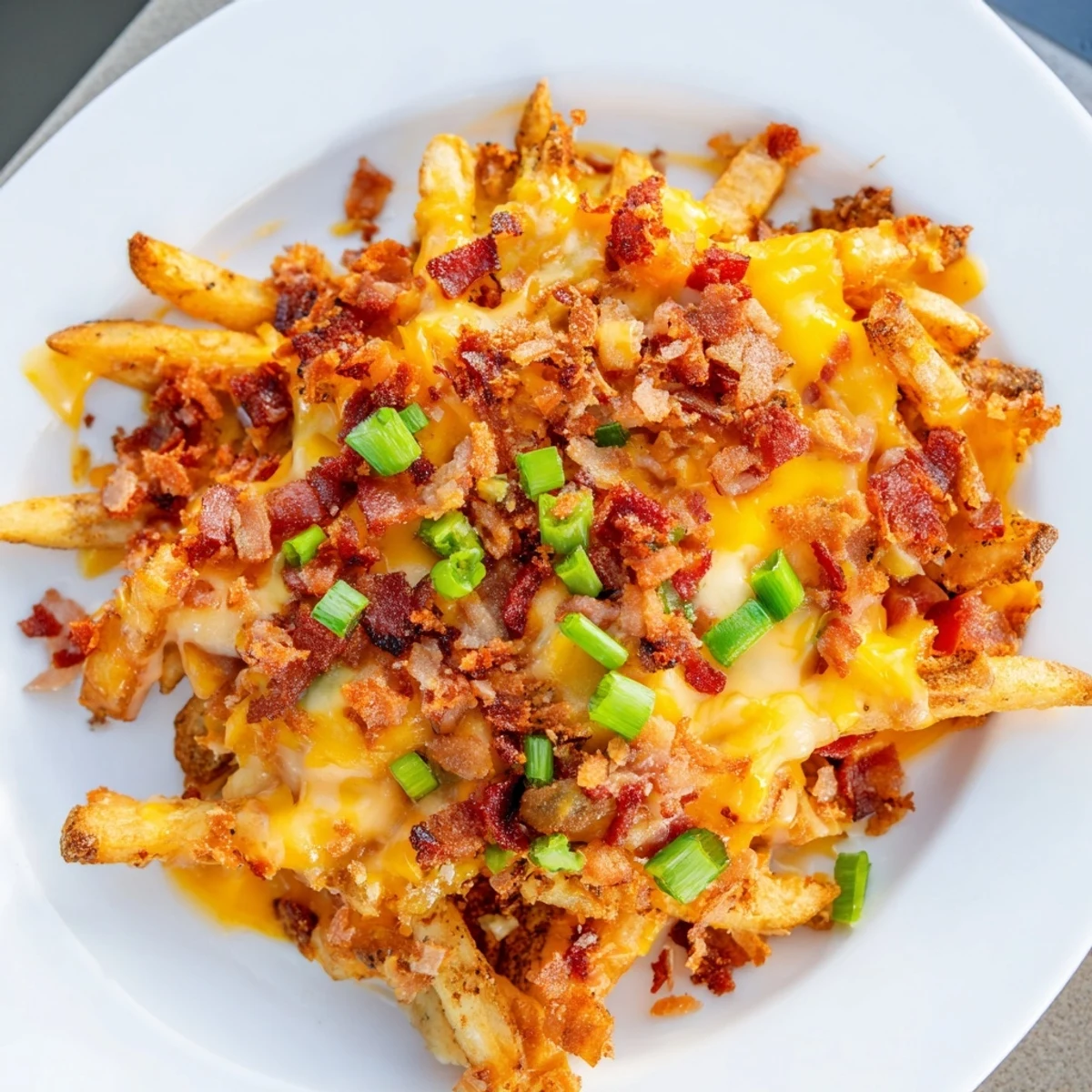 A comforting plate of Cheese Fries with Turkey Bacon Bits featuring melted cheddar, crispy turkey bacon, and optional ranch drizzle.