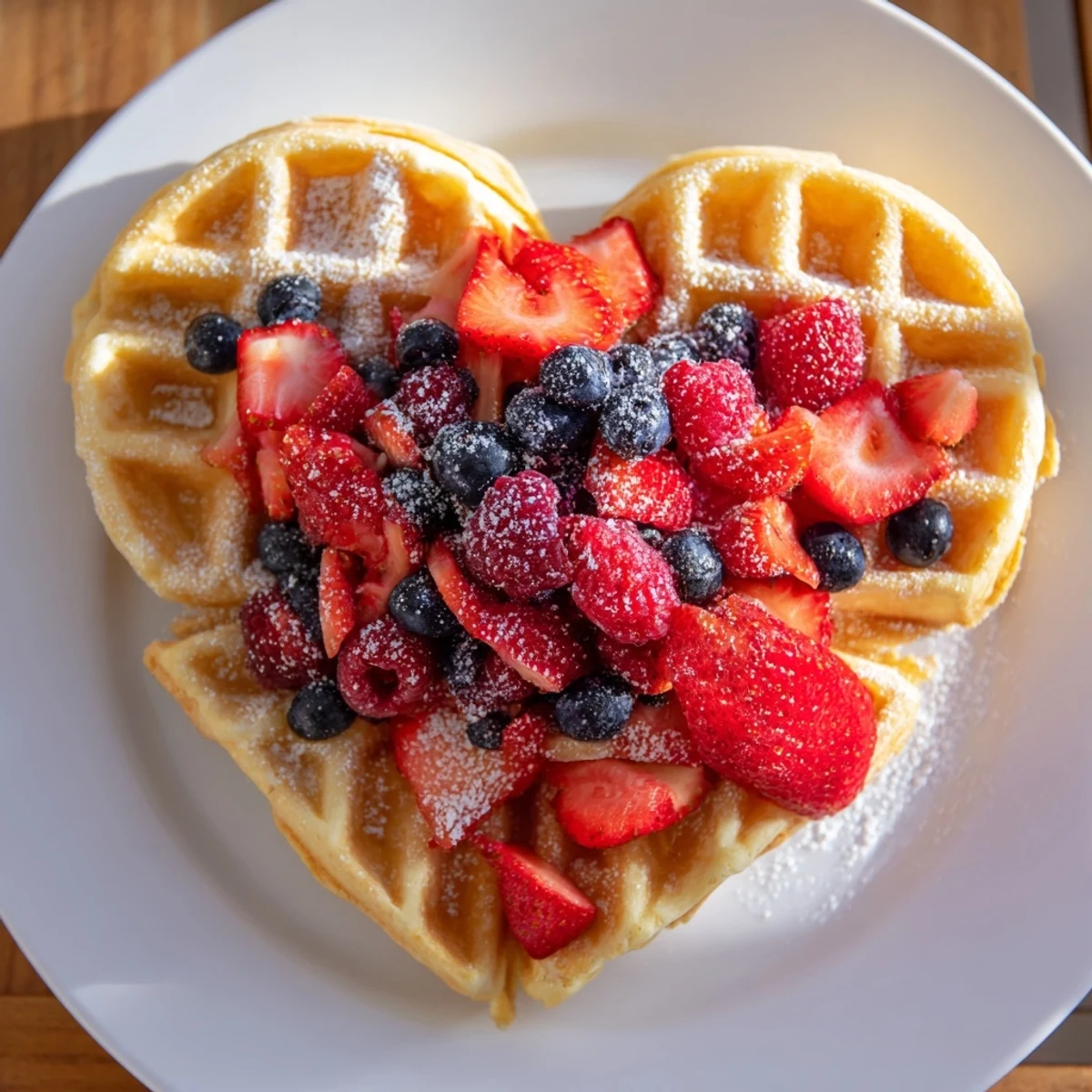 Golden, fluffy heart-shaped waffles topped with fresh strawberries, blueberries, and raspberries, dusted with powdered sugar for a sweet breakfast treat.