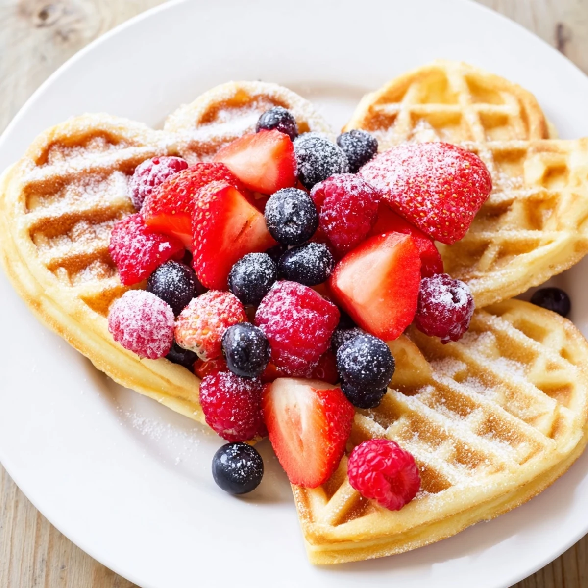 A close-up of warm, heart-shaped waffles served with a colorful berry medley and a drizzle of maple syrup, perfect for a cozy brunch.