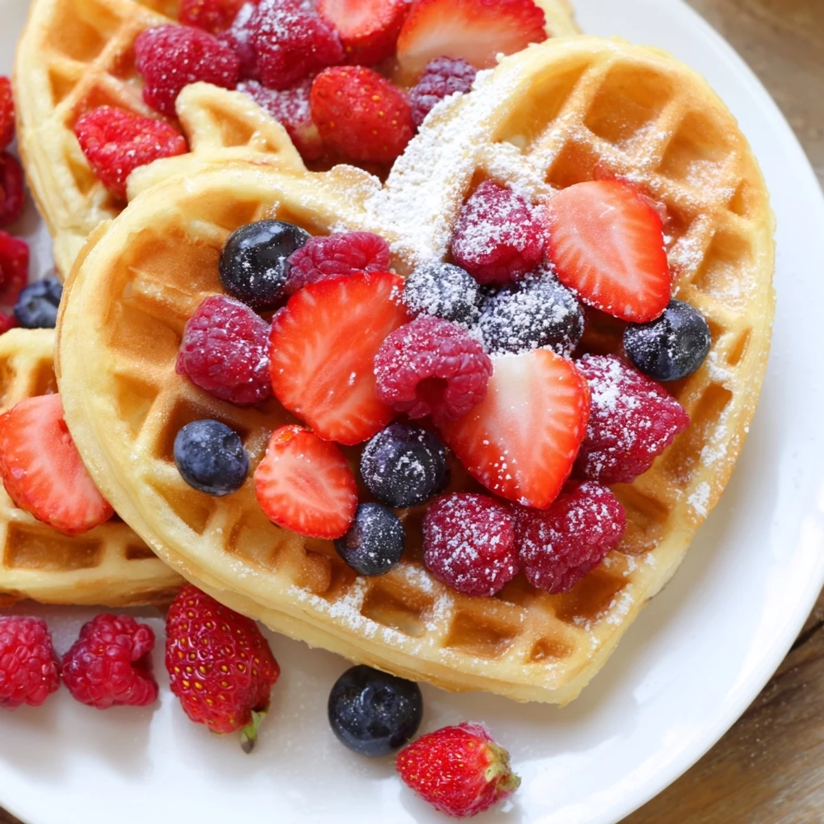 Freshly cooked heart-shaped waffles garnished with mint and powdered sugar, surrounded by sliced strawberries and plump blueberries on a rustic plate.