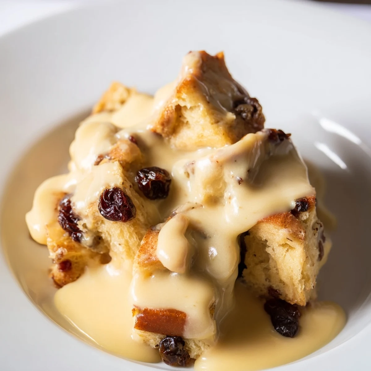 Freshly baked bread pudding with warm vanilla sauce in a rustic baking dish, garnished with a dusting of powdered sugar.  