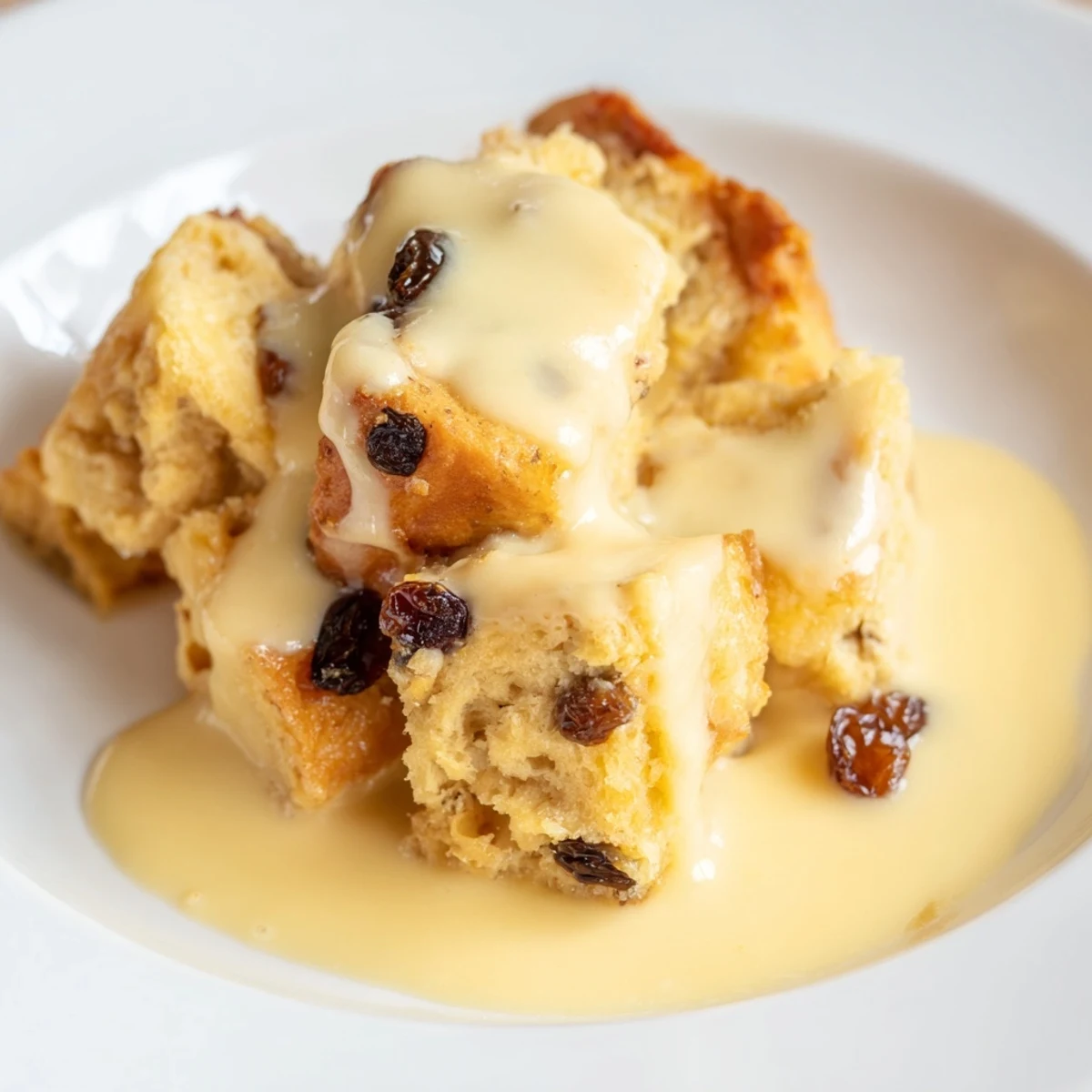 Spoonful of creamy bread pudding with warm vanilla sauce being lifted from a serving dish, showing the soft texture.