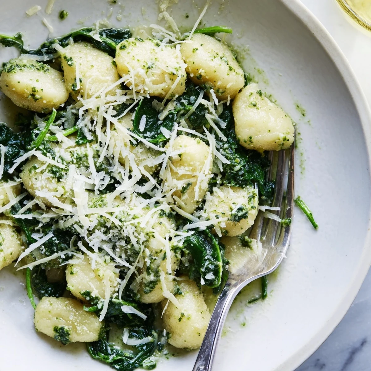 Warm Pesto Gnocchi with Spinach and Parmesan served in a white bowl, garnished with extra cheese.