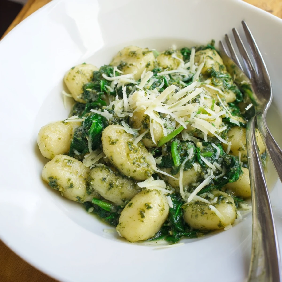 A close-up of Pesto Gnocchi with Spinach and Parmesan featuring wilted greens and glossy pesto sauce.
