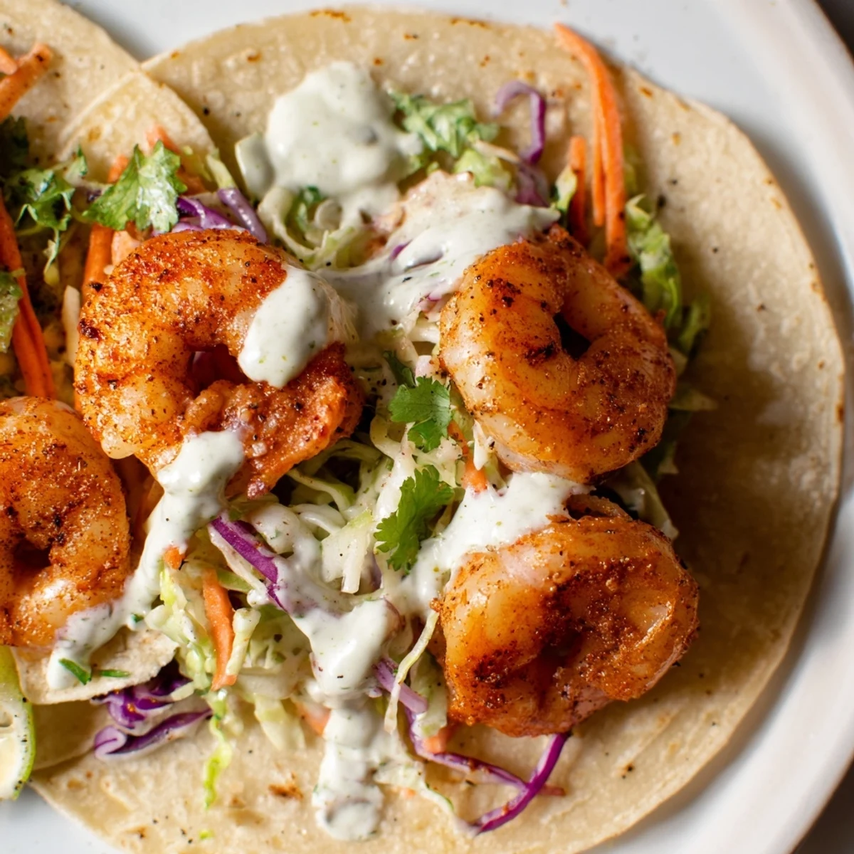 Golden-brown shrimp nestled in warm corn tortillas, topped with crisp cabbage slaw and a drizzle of zesty lime crema for a vibrant meal.