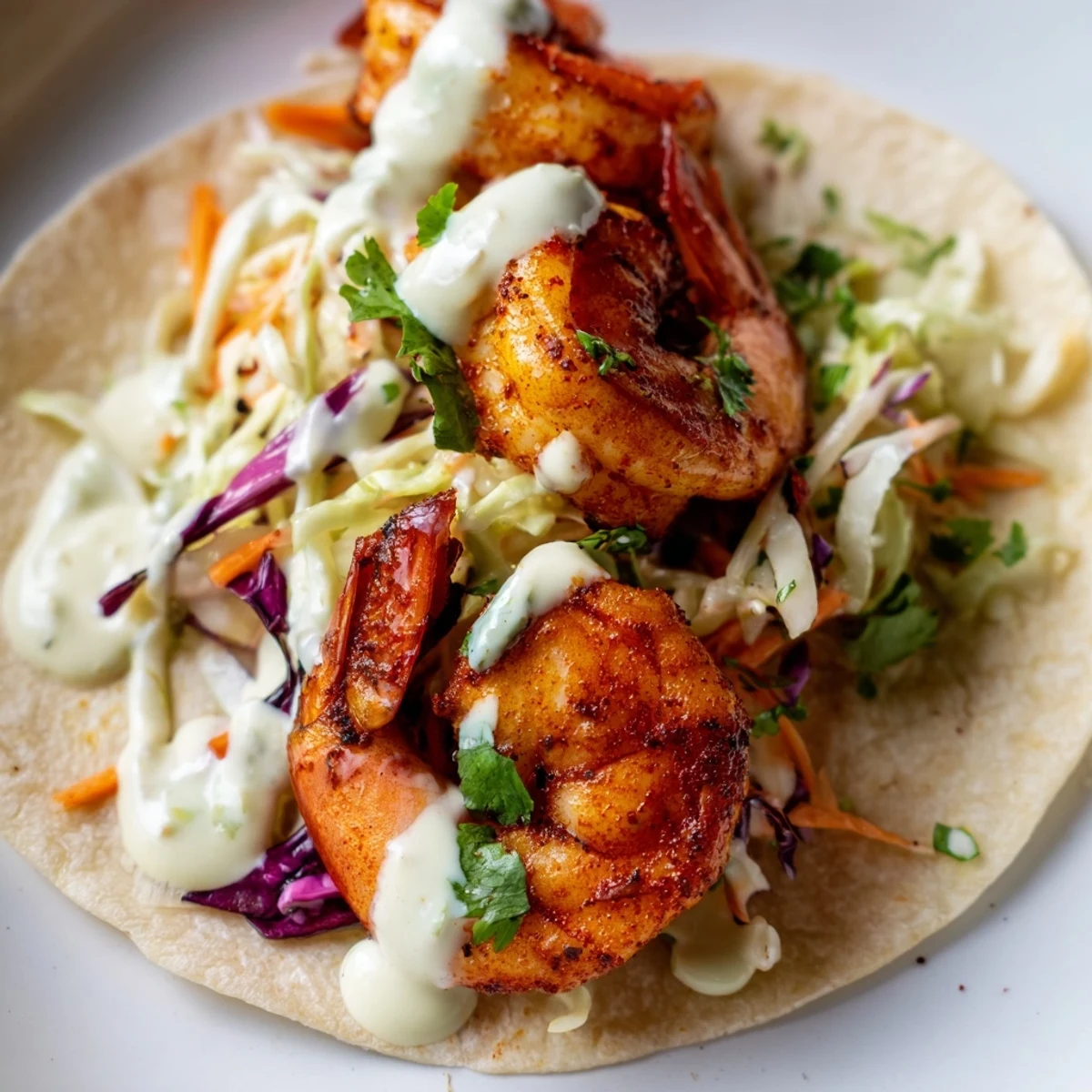 Juicy seasoned shrimp tacos with cabbage slaw and lime crema, arranged on a plate with lime wedges for squeezing.