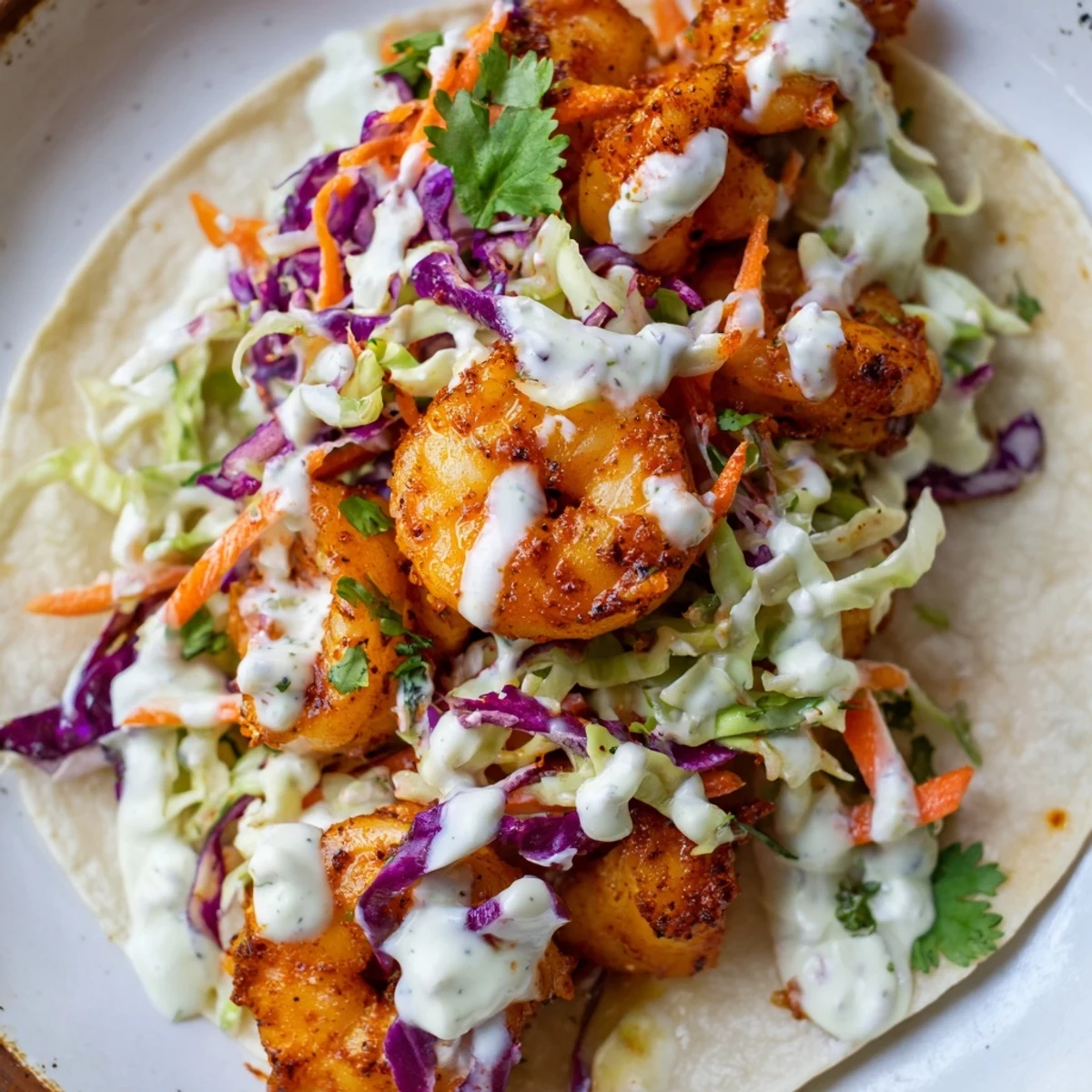 Close-up view of shrimp tacos with colorful cabbage slaw and fresh cilantro garnish, served on a rustic wooden table.