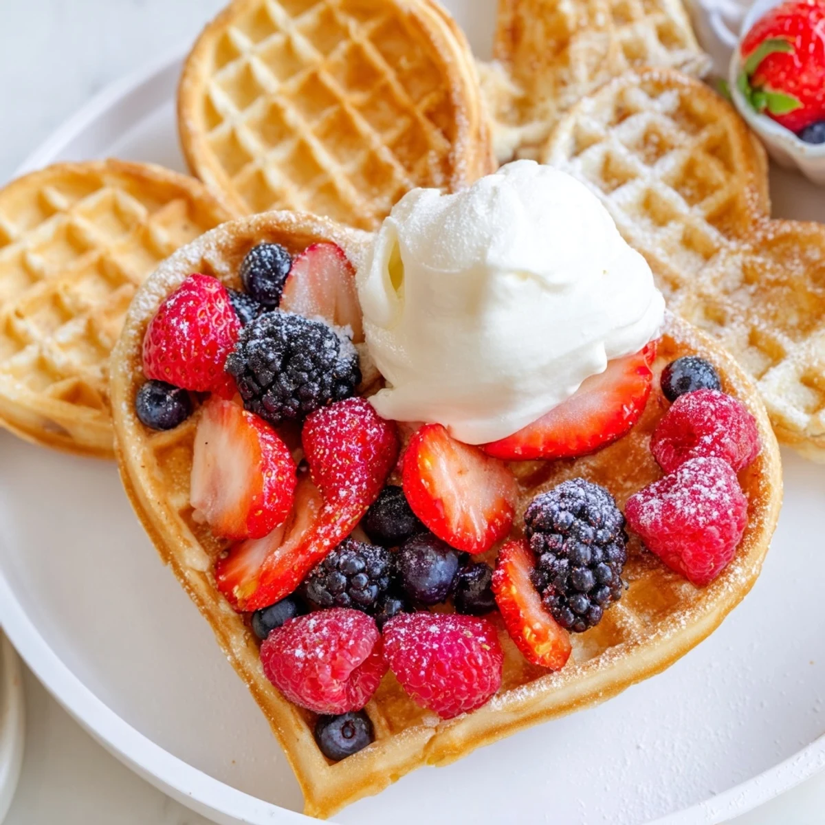 Freshly cooked heart-shaped waffles topped with whipped cream and a colorful medley of berries on a rustic table.  