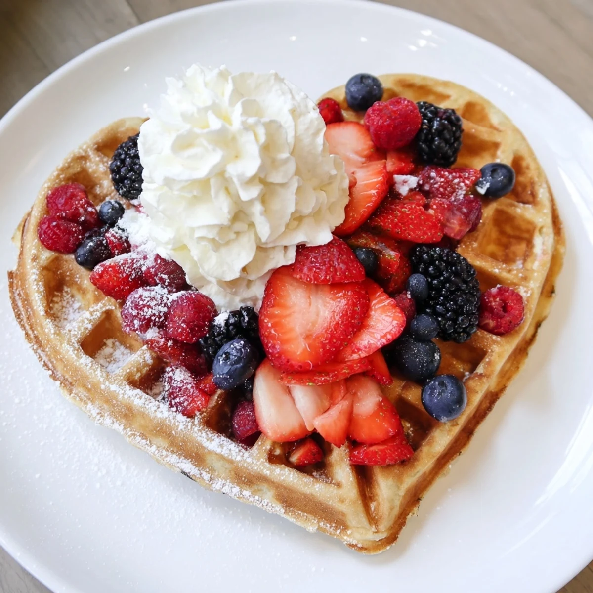 Golden brown Heart Shaped Waffles with Berries and Cream served warm with a drizzle of maple syrup.  