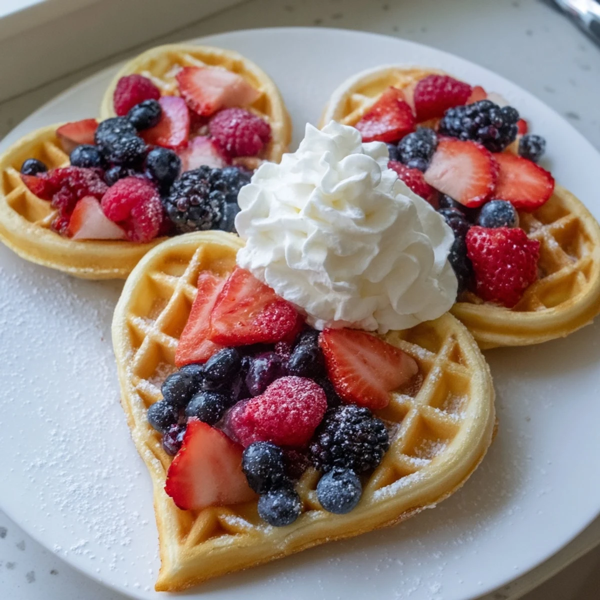 Romantic breakfast plate featuring fluffy heart waffles, sweet mixed berries, and a generous dollop of vanilla cream.