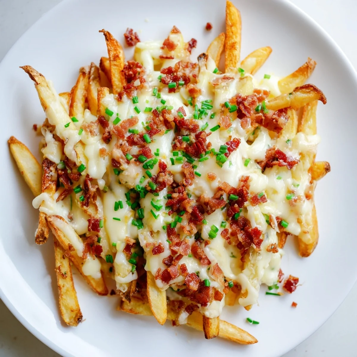 Baked russet potato fries loaded with bubbly cheese and crunchy turkey bacon, served hot with fresh chives.