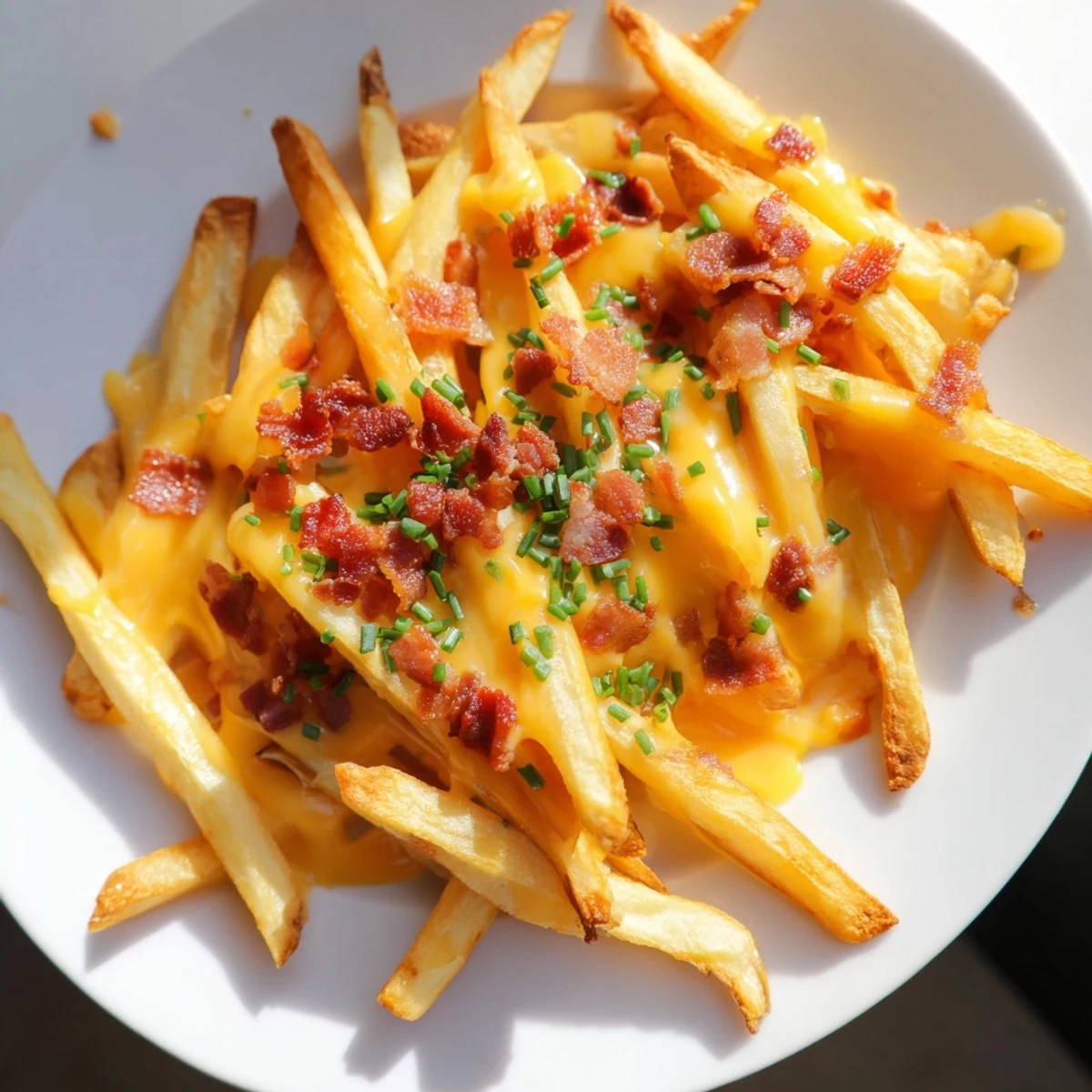 Crispy golden cheese fries topped with melted cheddar, mozzarella, and savory turkey bacon bits for a hearty snack.