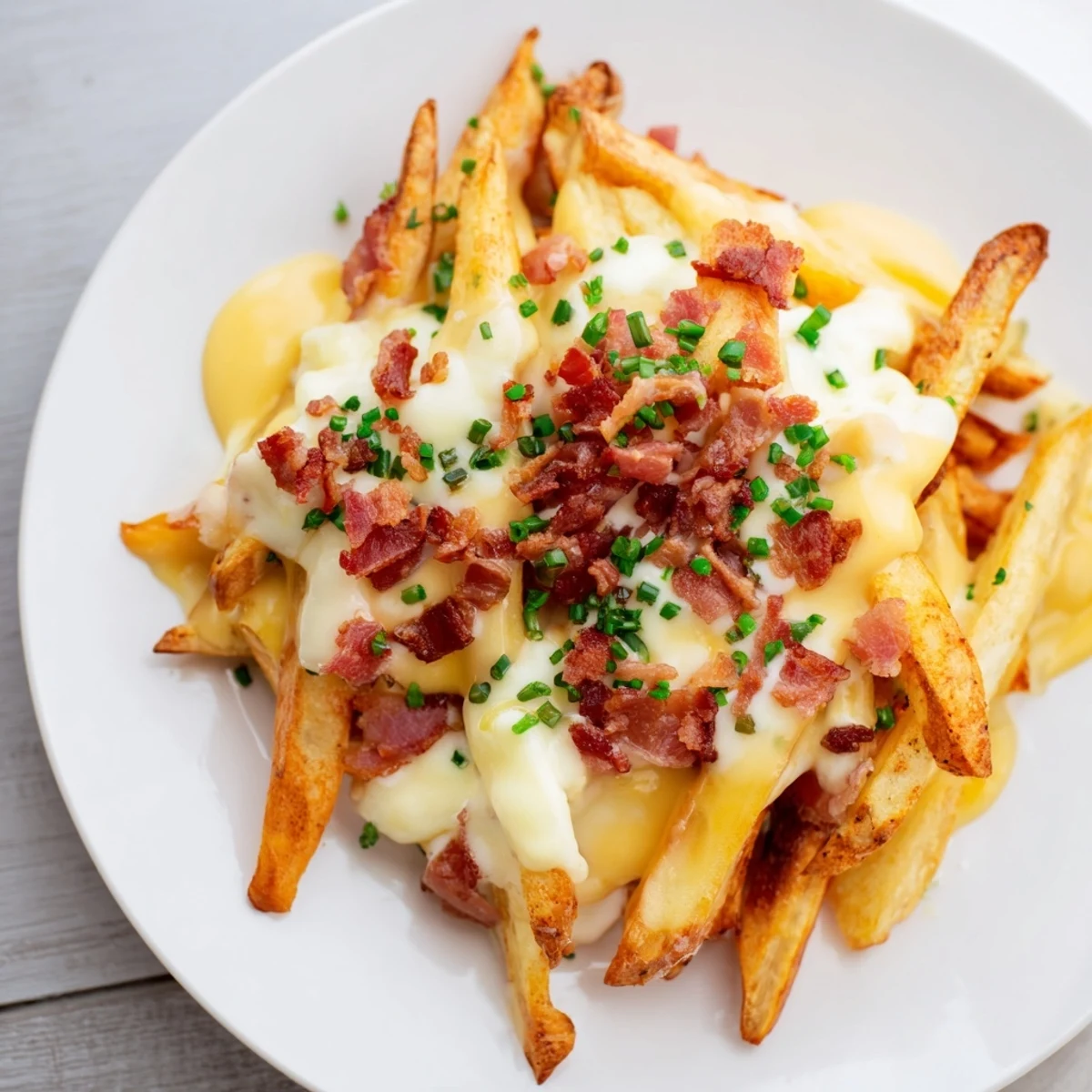 A close-up of American-style cheese fries with turkey bacon, perfect for sharing at parties or game day.