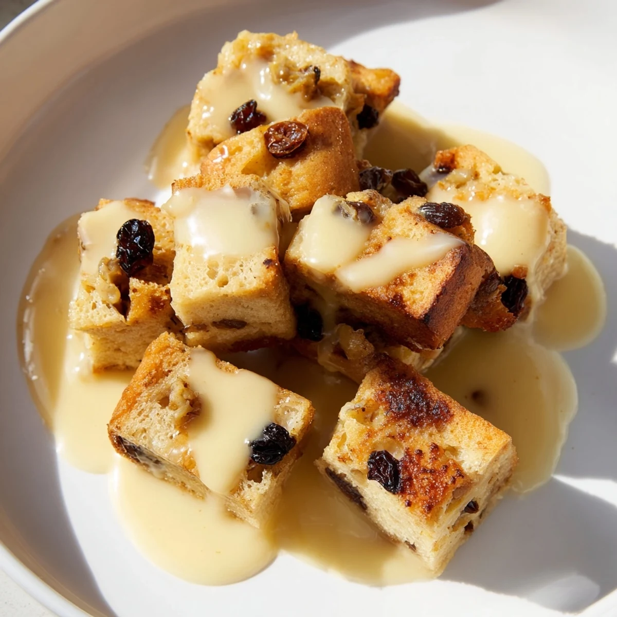 Golden brown Bread Pudding with Warm Vanilla Sauce is served warm in a baking dish, garnished with a dusting of cinnamon and a glossy pool of sauce.