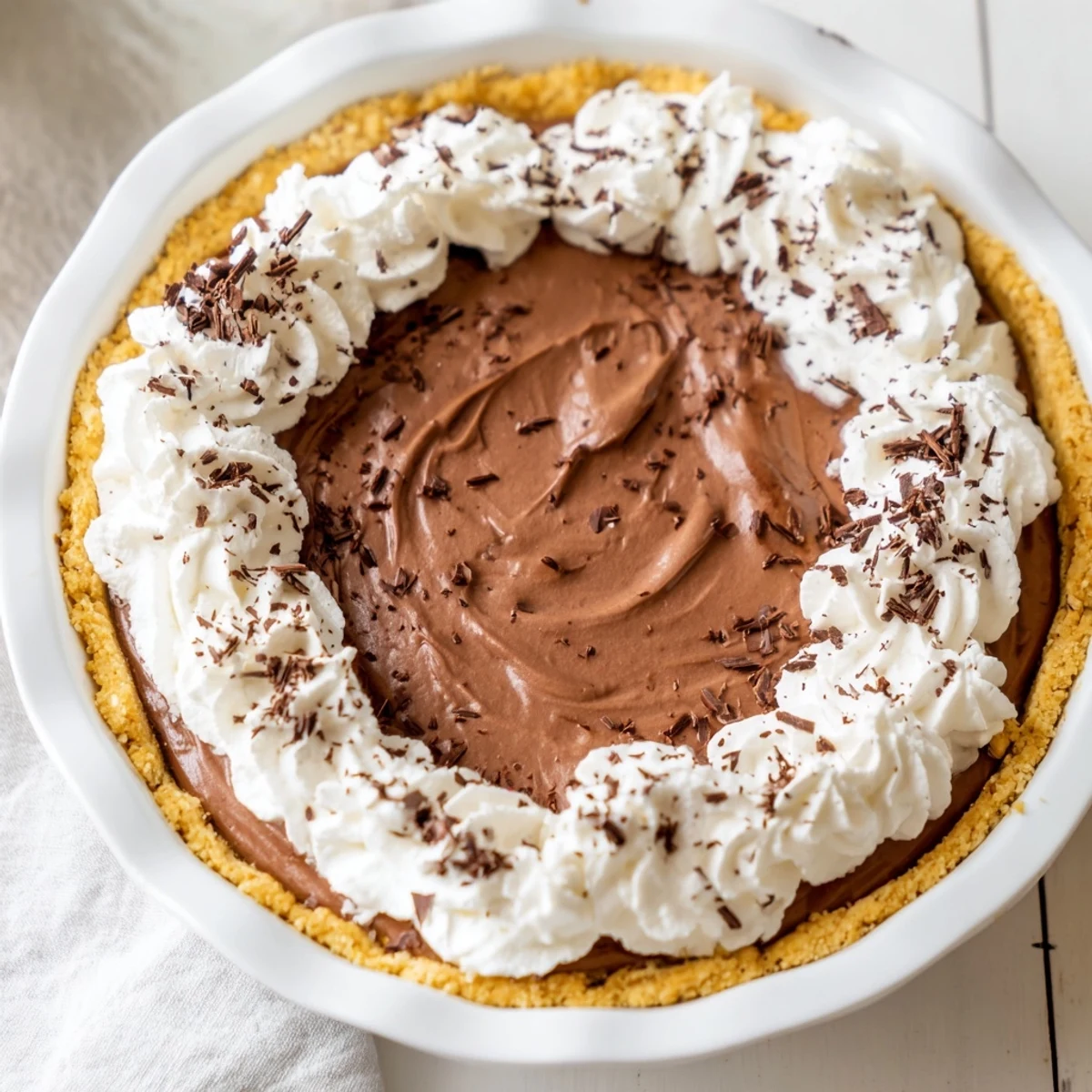 Rich Chocolate Silk Pie with Whipped Cream, featuring a glossy chocolate filling and fluffy cream topping on a buttery crust.