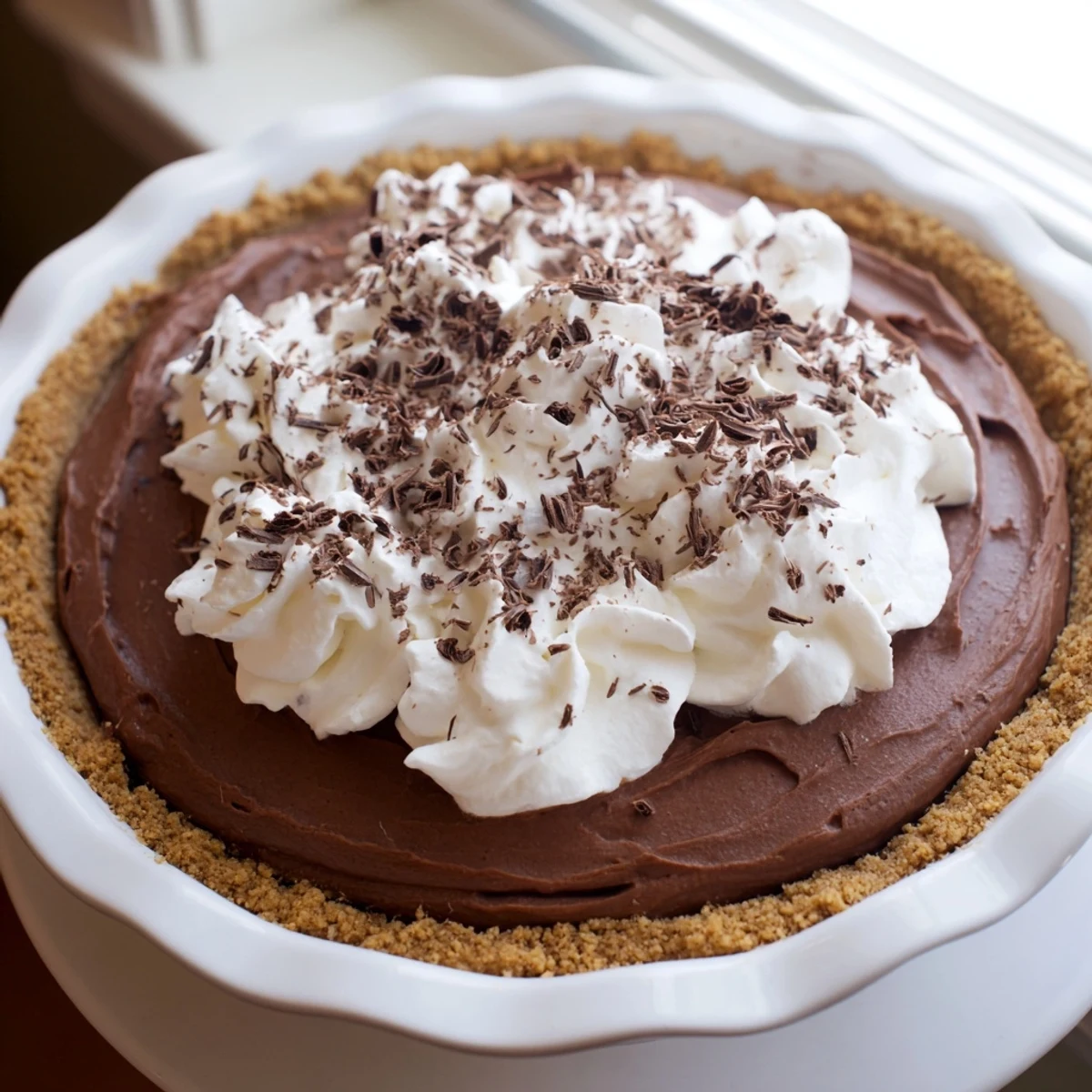 Chilled Chocolate Silk Pie with Whipped Cream crowned with chocolate shavings, ready to serve at a special holiday gathering.