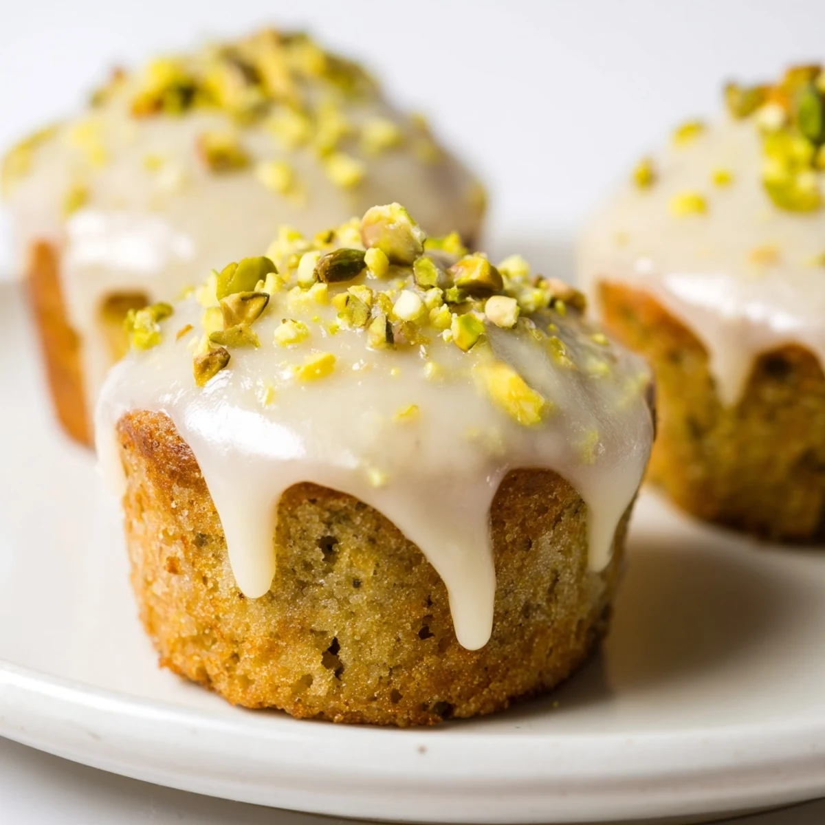 Freshly baked pistachio muffins topped with a sweet vanilla glaze on a cooling rack.