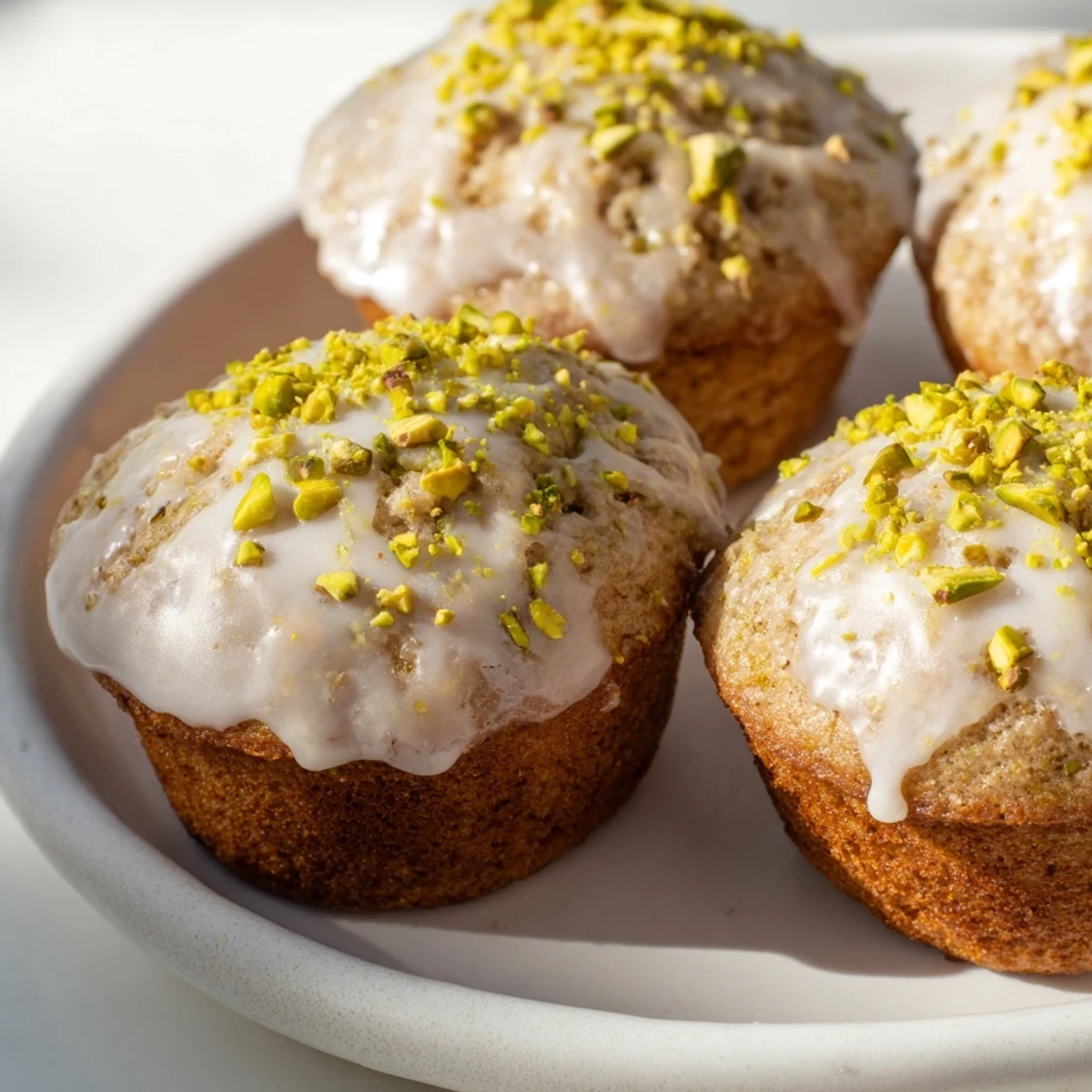 Glazed pistachio muffins with a crumbly texture and chopped pistachio garnish for serving.