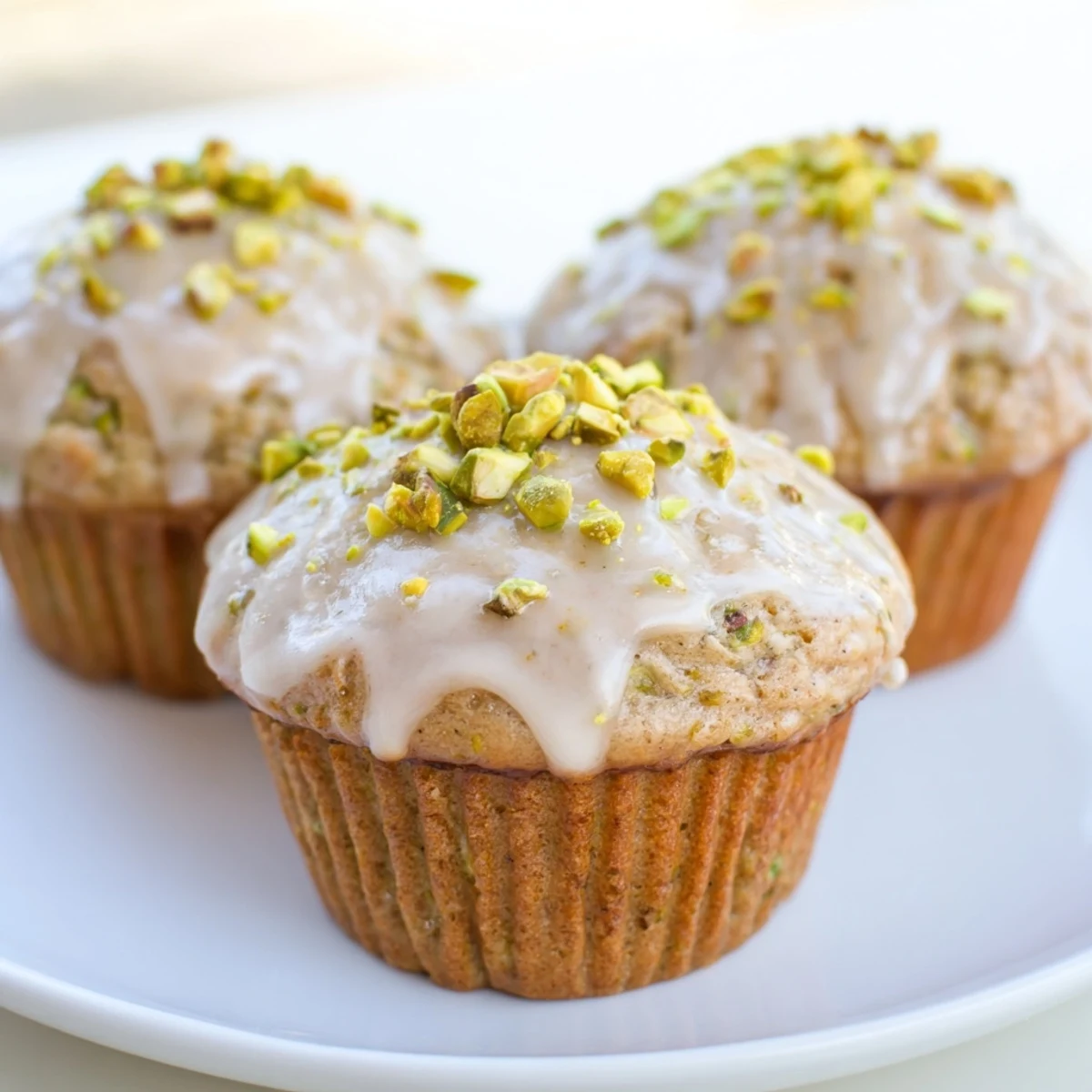 Moist pistachio muffins with vanilla glaze drizzle on a wooden board for breakfast.