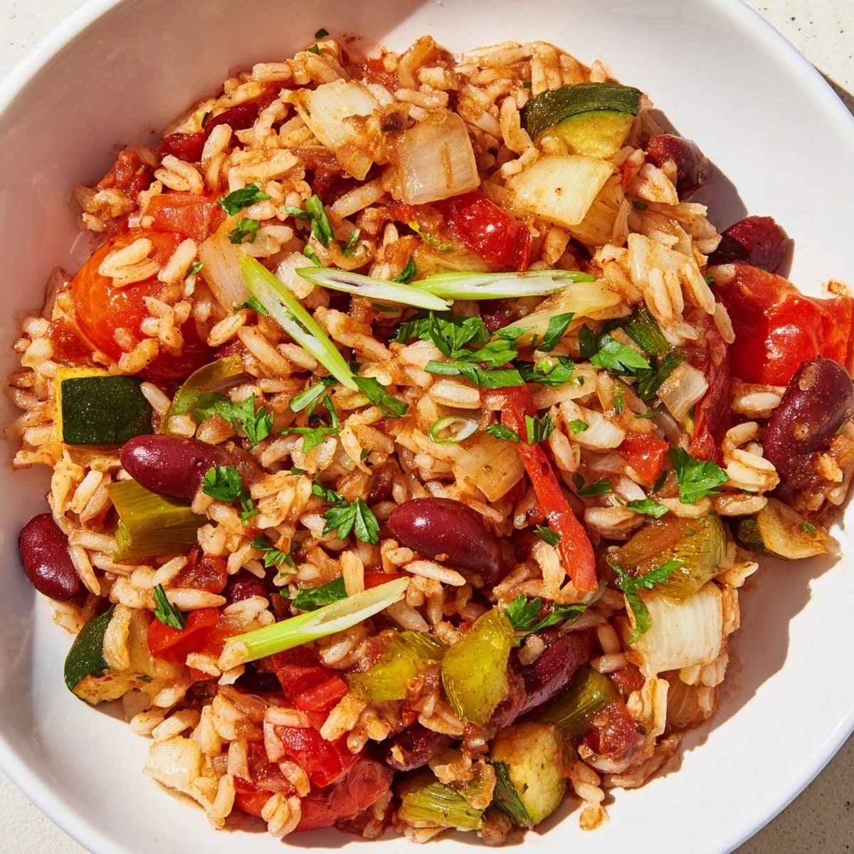 Colorful Creole-style Vegetable Jambalaya with Kidney Beans on a plate, complete with fluffy rice and vibrant peppers.