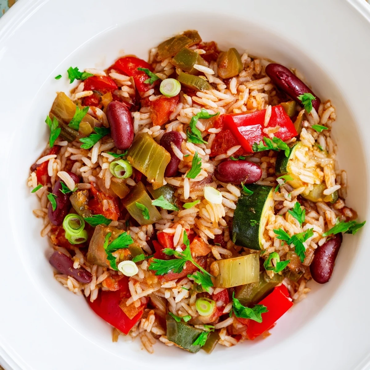 Hearty Vegetable Jambalaya with Kidney Beans served hot from the pot, garnished with fresh parsley and lemon wedges.