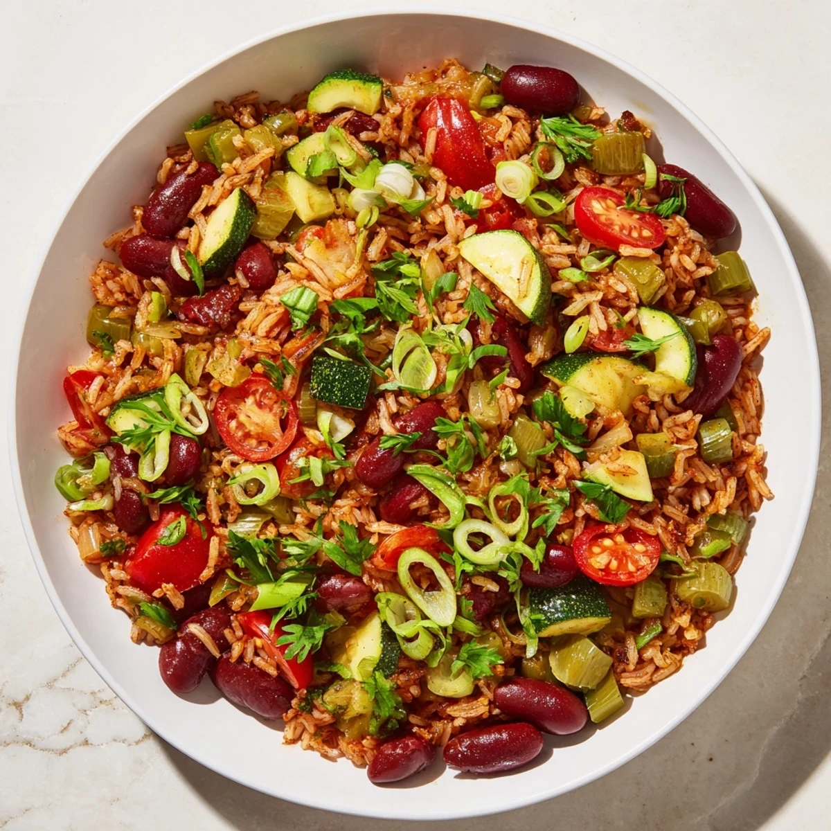 Spicy one-pot Vegetable Jambalaya with Kidney Beans, steaming and ready to enjoy with sliced spring onions on top.