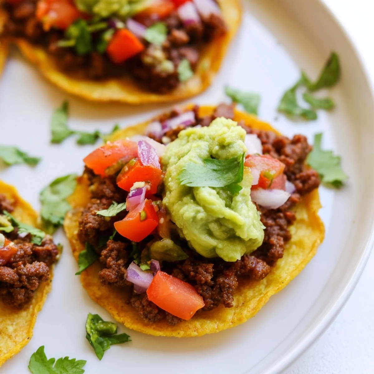 Mini Tacos with Salsa and Guacamole are garnished with cilantro and crumbled queso fresco on a rustic wooden table.  