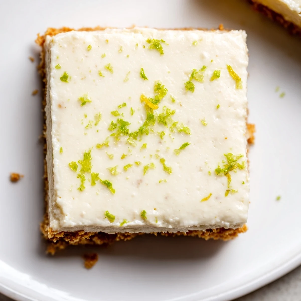 A close-up of sliced Lime Bars with Graham Cracker Crust reveals a creamy texture, served on a white plate with limes.