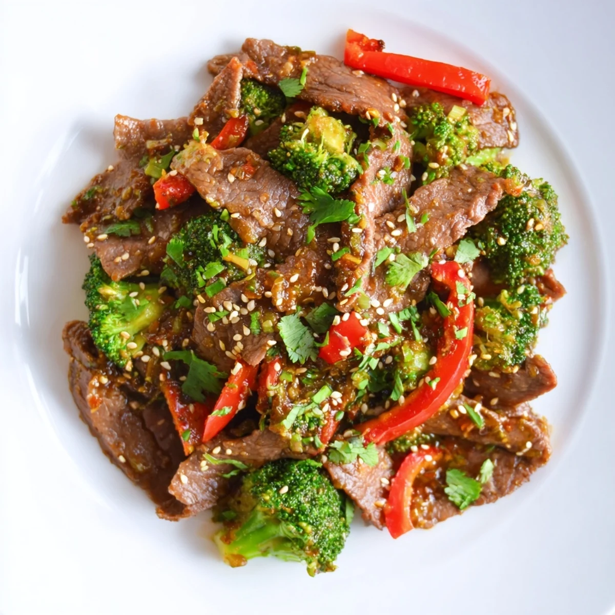 Steaming bowl of Spicy Beef and Broccoli Stir Fry, featuring tender beef strips and crisp broccoli florets glistening in a zesty red sauce.