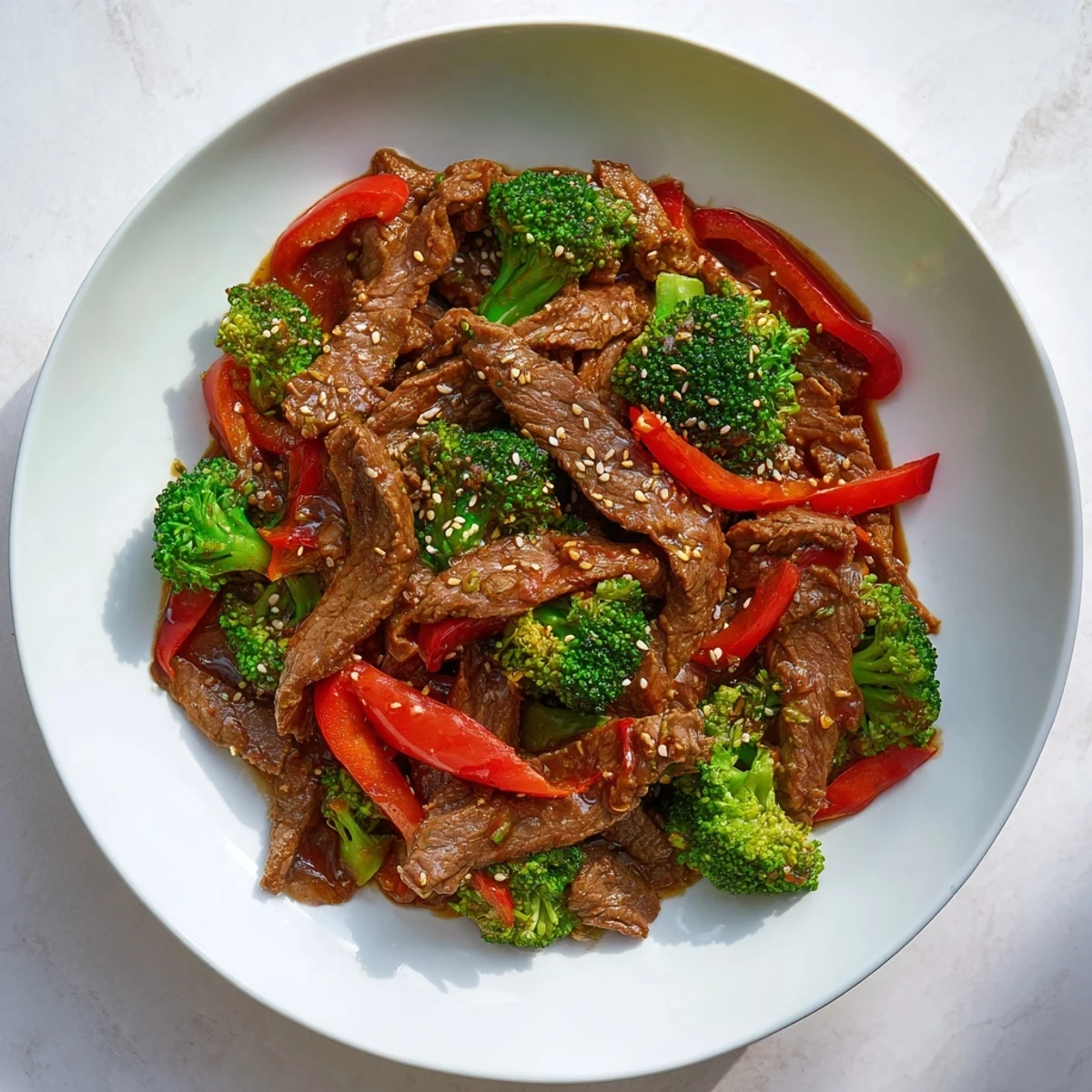 Close-up of a sizzling Spicy Beef and Broccoli Stir Fry, highlighting caramelized beef pieces and bright green broccoli coated in a thick, spicy glaze.