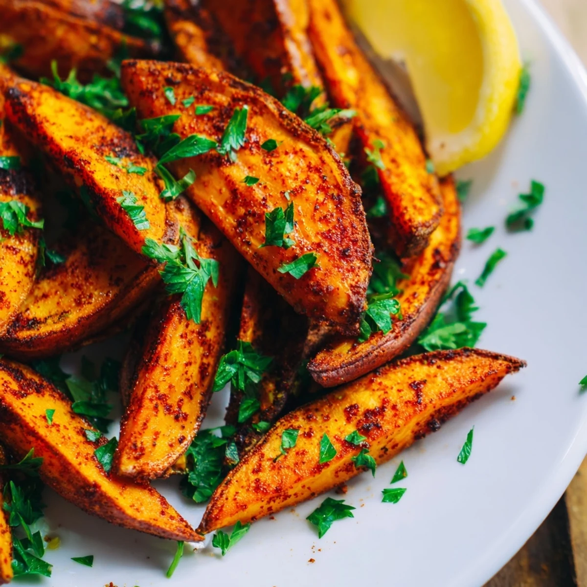 Freshly baked sweet potato wedges with paprika, seasoned and garnished for a healthy, gluten-free side dish at dinner.  