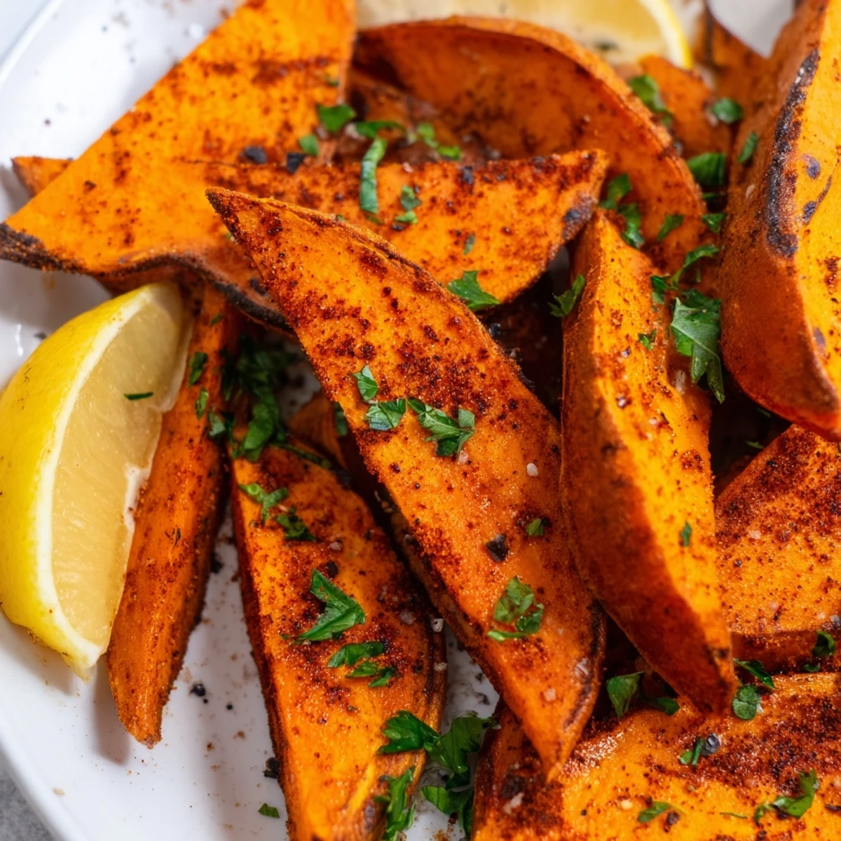 Golden roasted sweet potato wedges with paprika, crispy on the edges and served hot with fresh parsley and lemon wedges.  