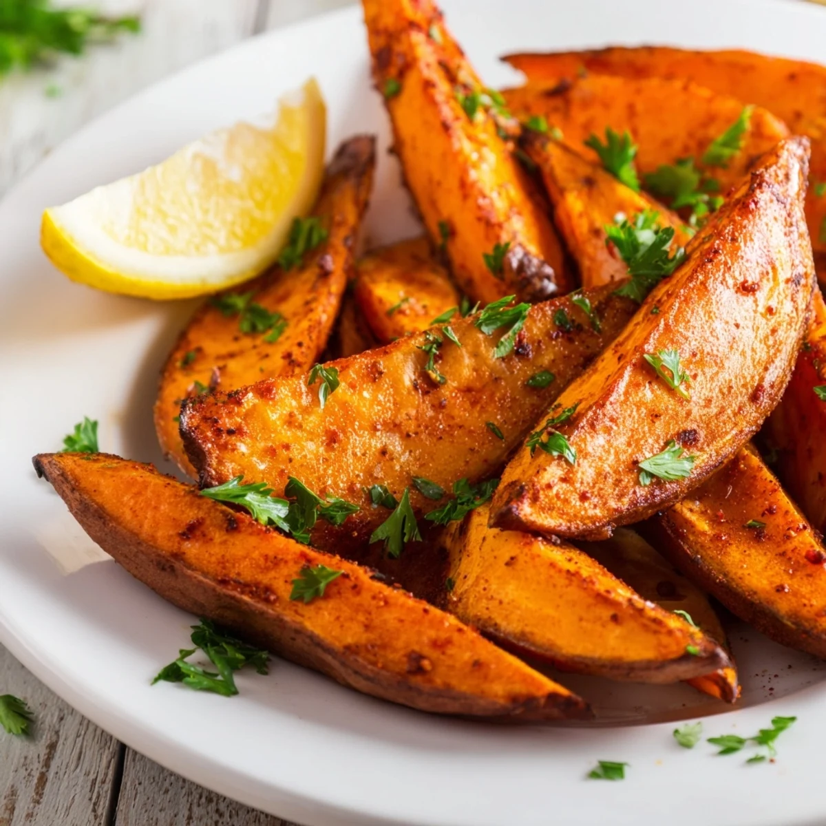 Oven-roasted sweet potato wedges with paprika, tossed in olive oil and served alongside a creamy dipping sauce.