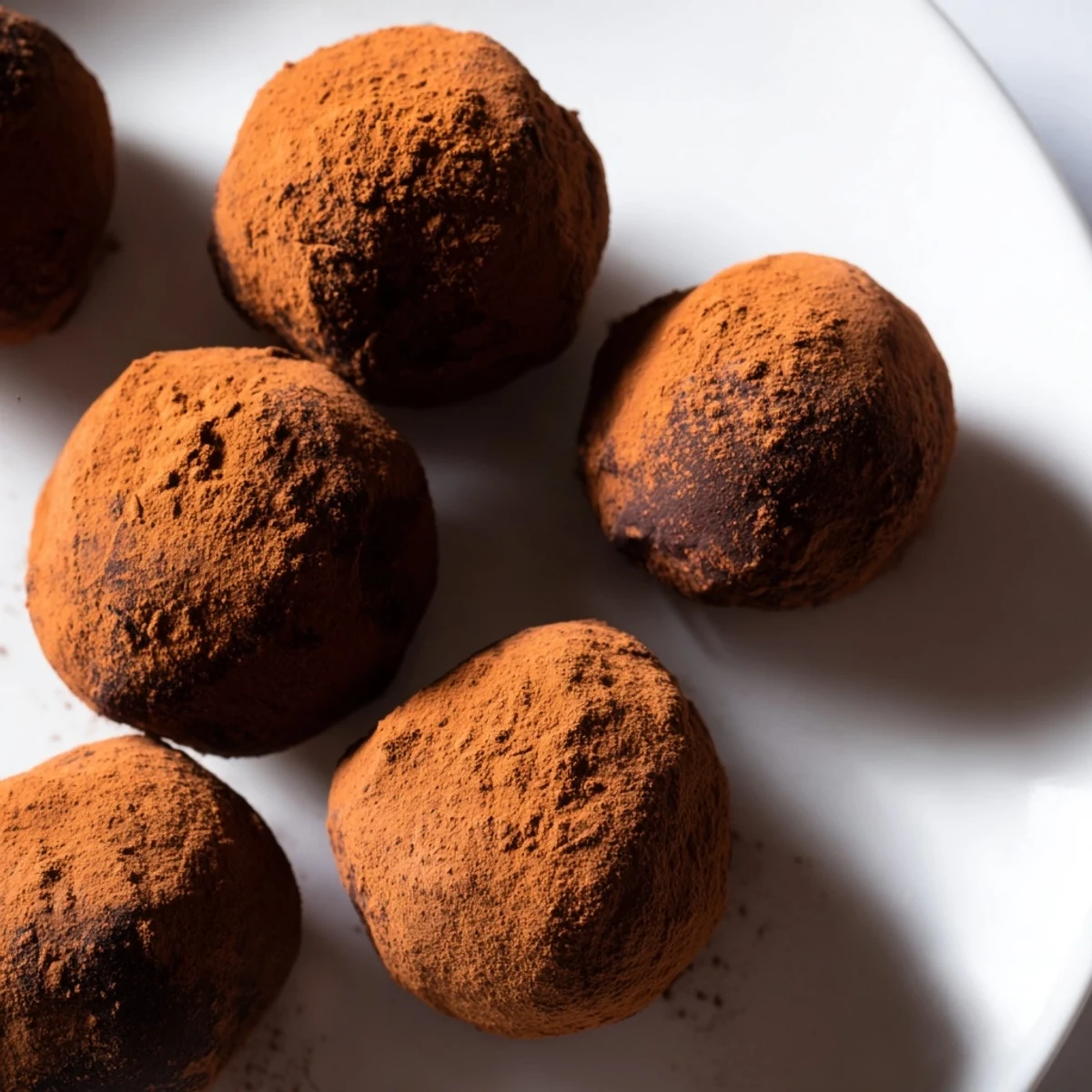 Small, round Irish Cream Truffles on a white plate, dusted with cocoa and ready to serve as an indulgent party dessert.