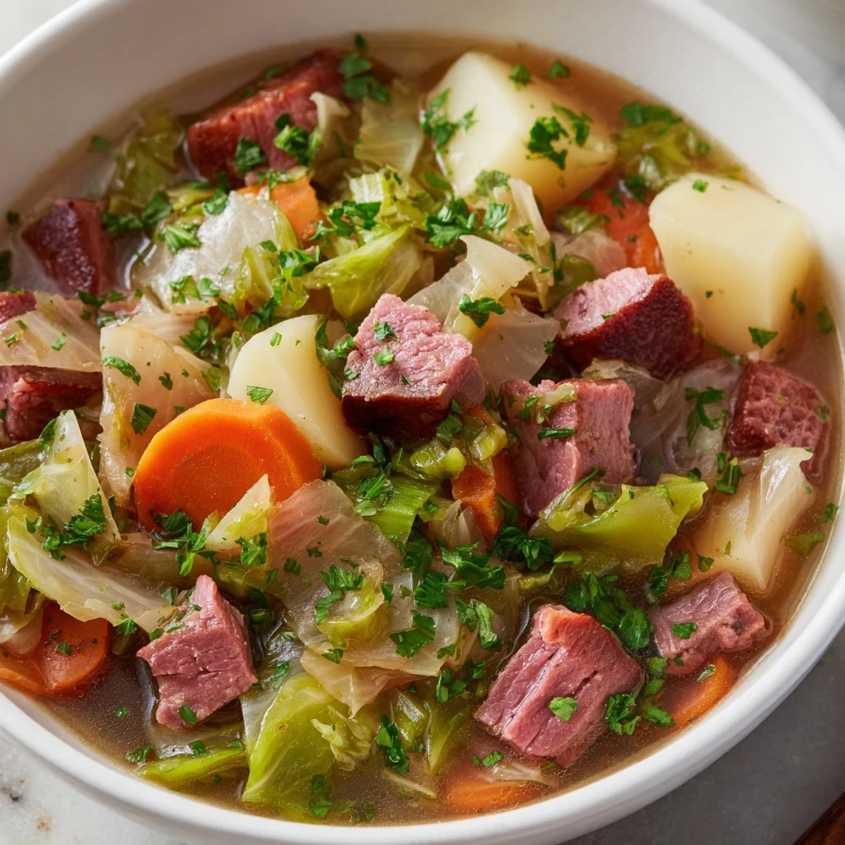 A bowl of Corned Beef and Cabbage Soup with tender chunks of meat, soft potatoes, and wilted greens in a rich broth.