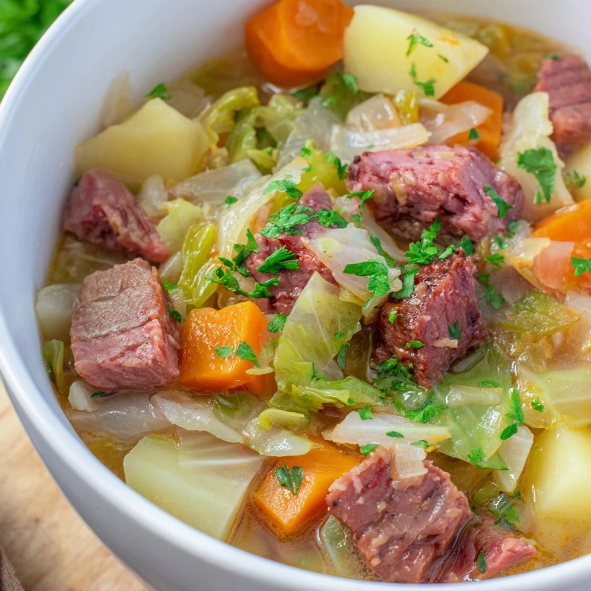 Steam rises from this comforting Corned Beef and Cabbage Soup, garnished with fresh parsley and served beside rustic rye bread.