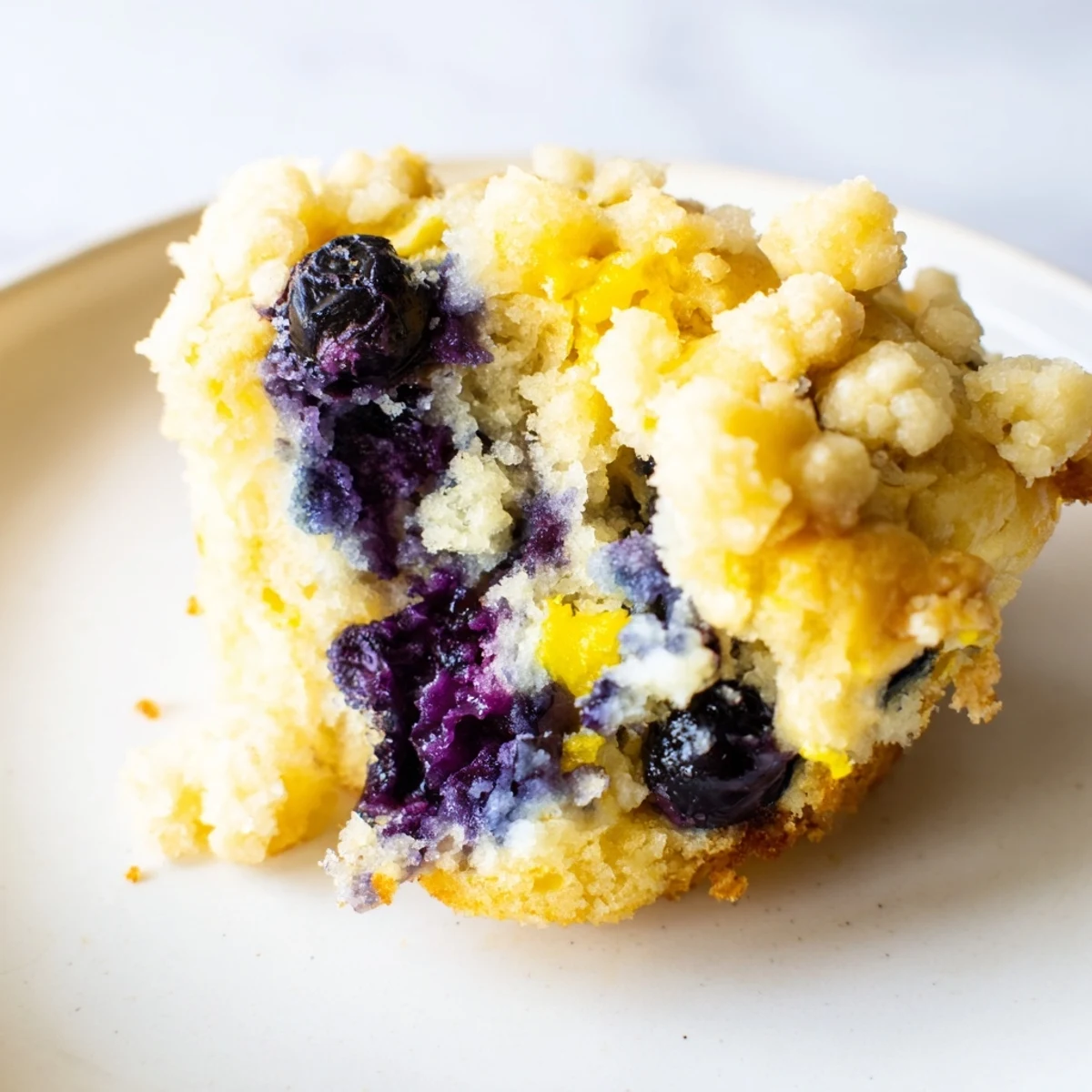 Golden-brown Lemon Blueberry Muffins with Streusel sit on a wire rack, revealing juicy blueberries and a crumbly topping.