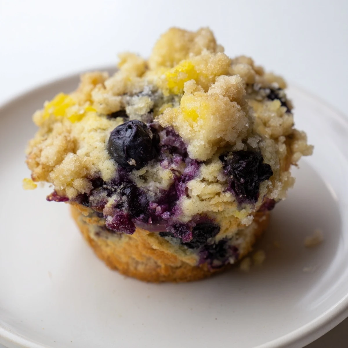 Six freshly baked Lemon Blueberry Muffins with Streusel are arranged on a rustic wooden board, ready to be served warm.