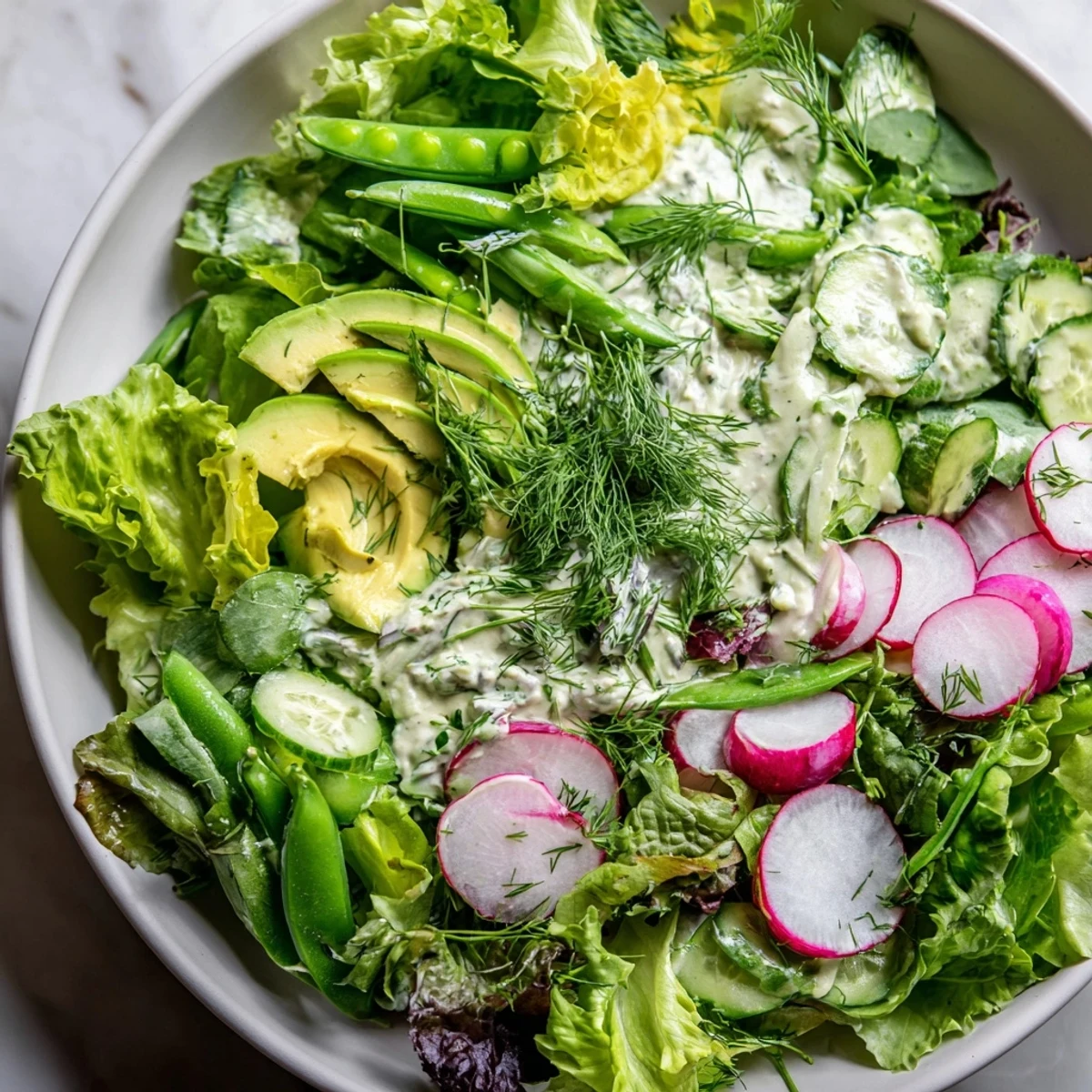 Bright green salad with mixed greens, cucumber, and avocado slices, topped with creamy Green Goddess dressing.