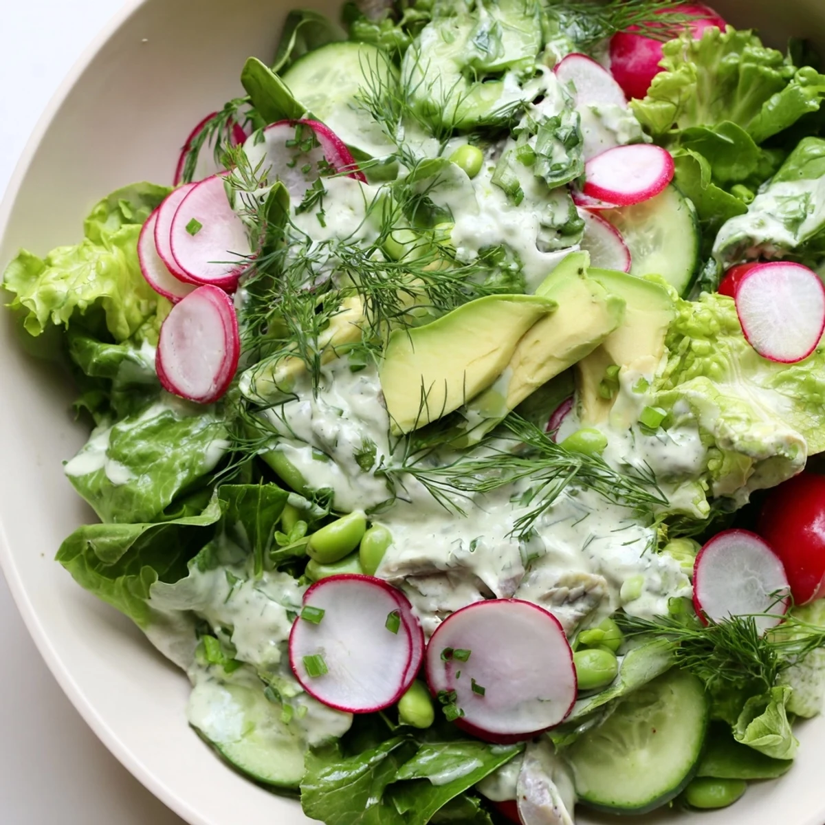 Vibrant bowl of Green Salad with Green Goddess Dressing, a refreshing vegetarian side perfect for warm days.