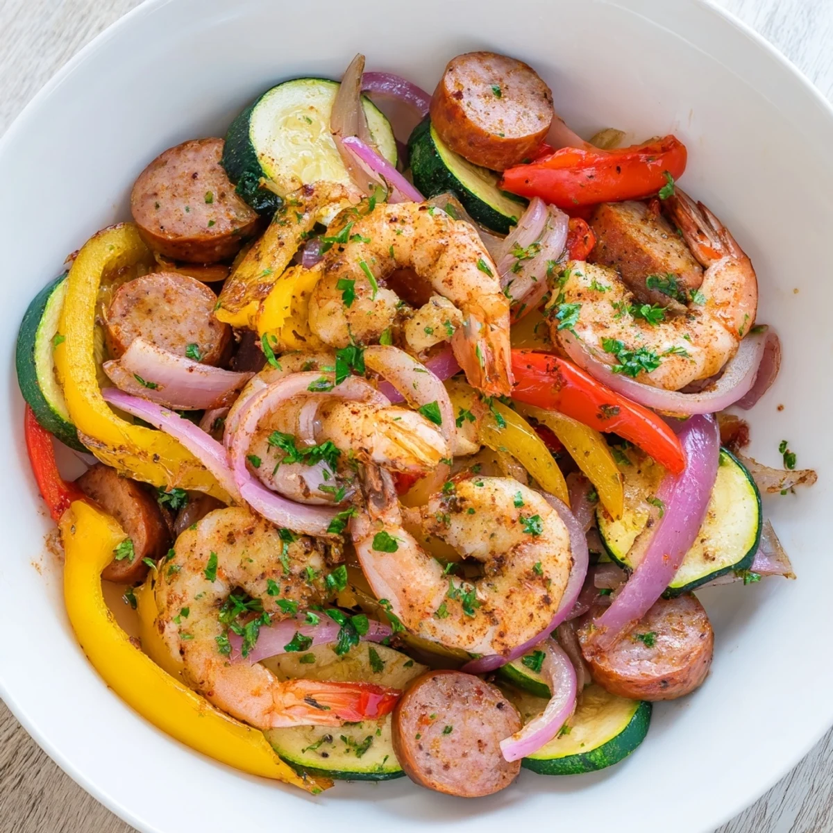 A close-up of Cajun Shrimp and Sausage Skillet with pink shrimp and browned sausage amidst vibrant bell peppers.