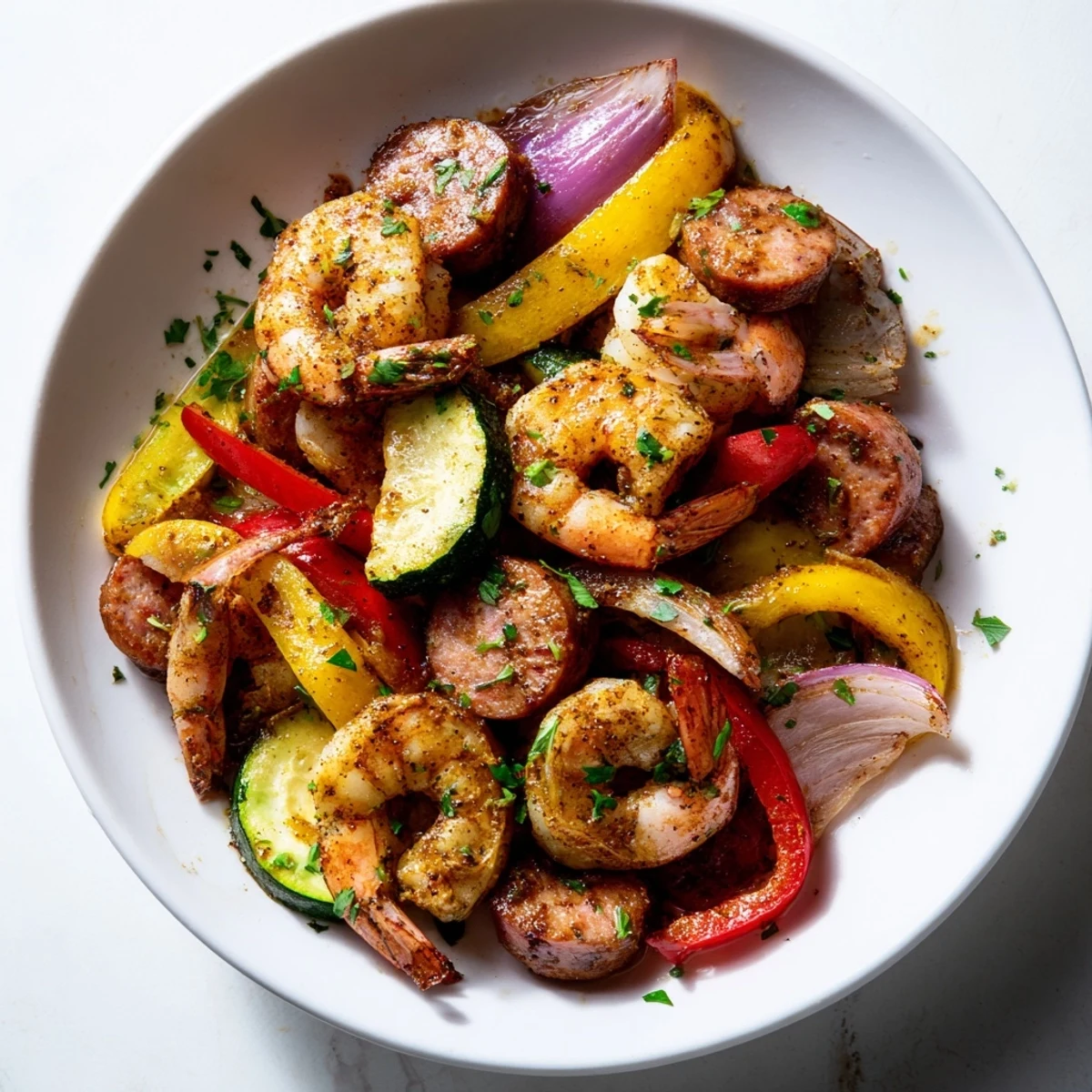 Sizzling Cajun Shrimp and Sausage Skillet ready to serve, garnished with fresh parsley and lemon wedges for brightness.