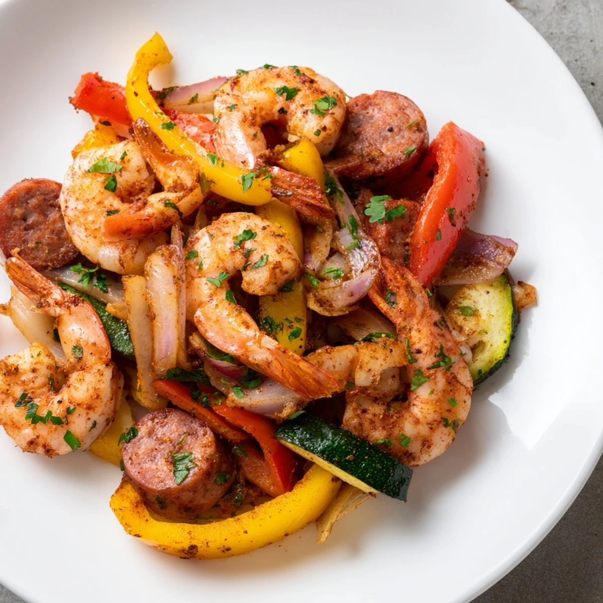 Colorful Cajun Shrimp and Sausage Skillet featuring tender vegetables, smoky sausage, and spiced shrimp in a hot skillet.