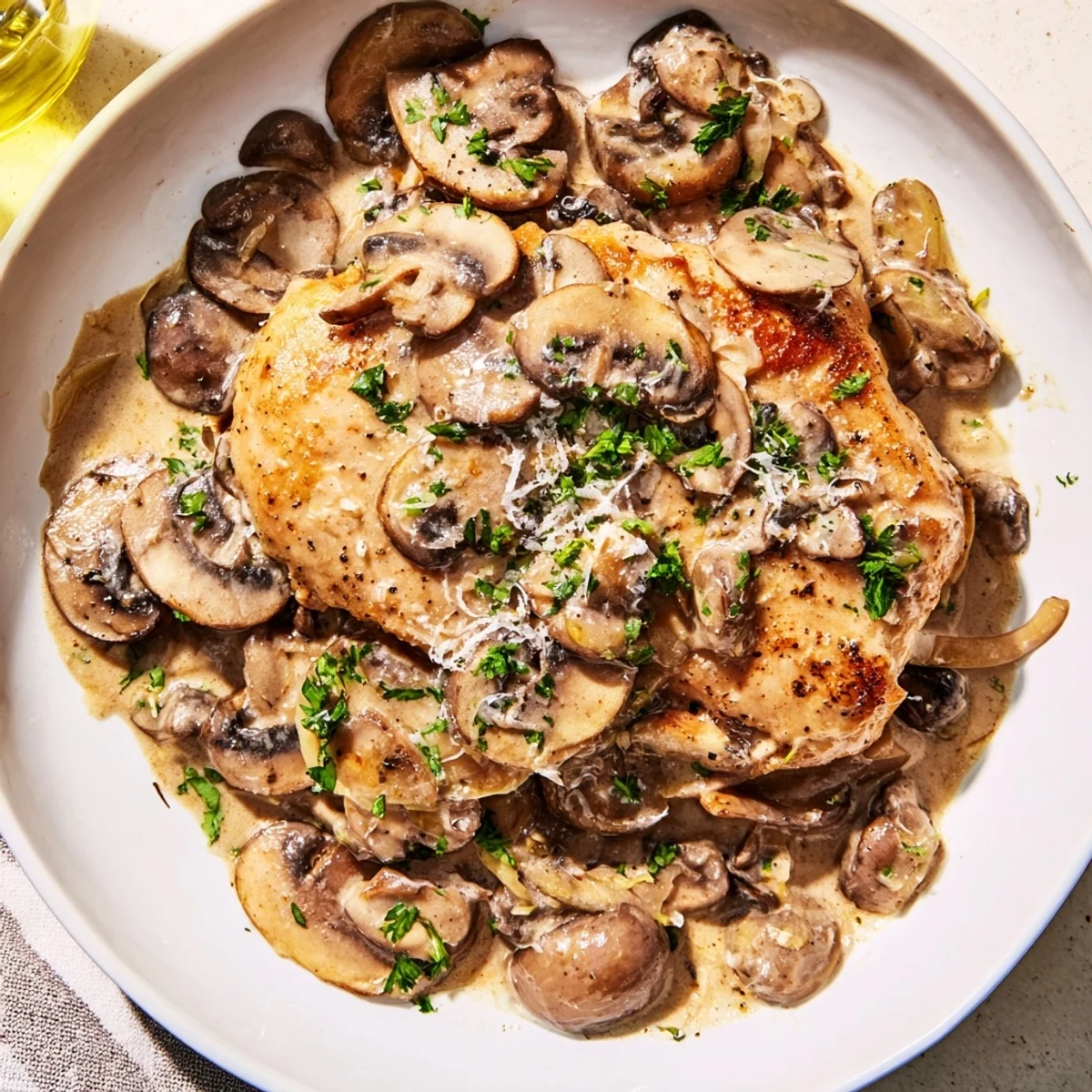 Creamy Garlic Mushroom Chicken served over fluffy mashed potatoes, with tender chicken breasts in a rich, velvety sauce featuring sautéed cremini mushrooms and fresh parsley garnish.  