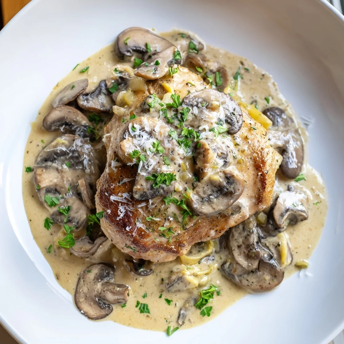 Plated Creamy Garlic Mushroom Chicken with juicy breasts smothered in a creamy Parmesan mushroom sauce, accompanied by pasta and a sprinkle of fresh thyme and parsley for extra flavor.