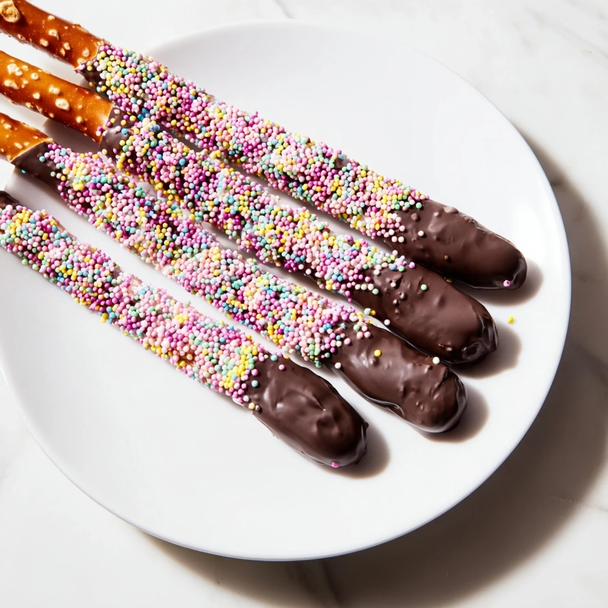 Pastel sprinkles add cheerful color to crunchy chocolate covered pretzels, stacked in a clear glass jar on a marble counter.